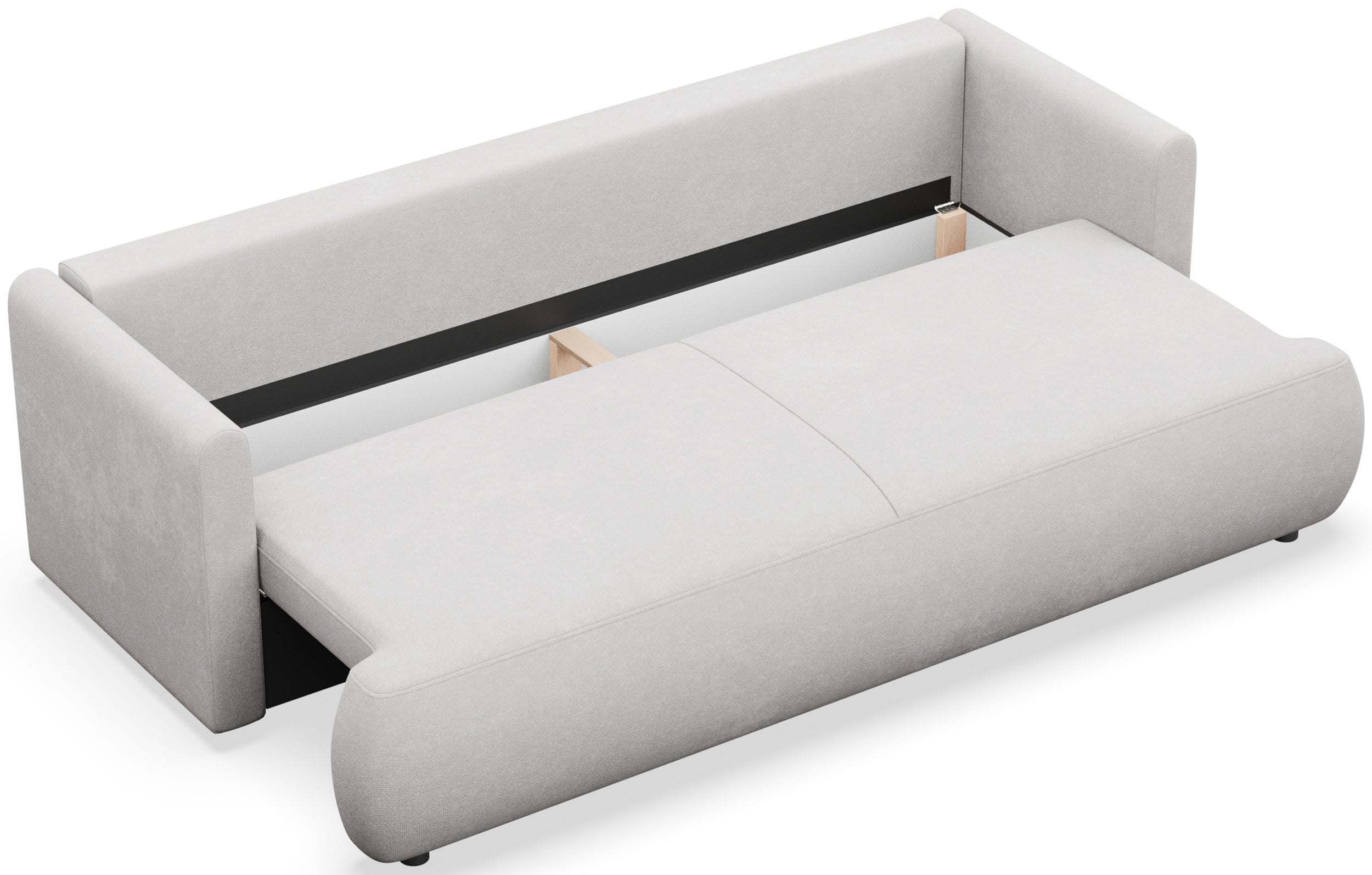 Dreisitziges ausklappbares Sofa Ovo Mini mit Stauraum, hellgrauer Chenille-Stoff, pflegeleicht