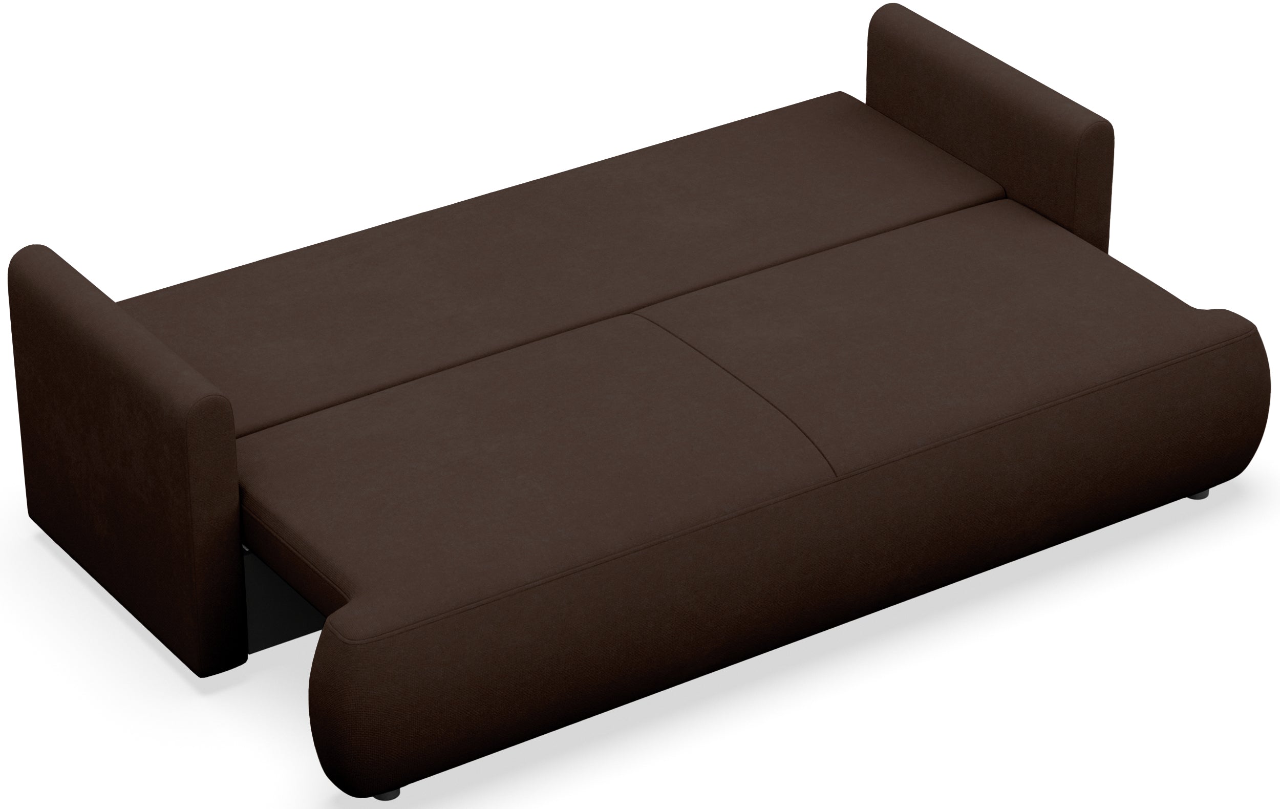 Dreisitziges ausklappbares Sofa Ovo Mini mit braunem Chenille-Stoff und leicht zu reinigendem Stauraum