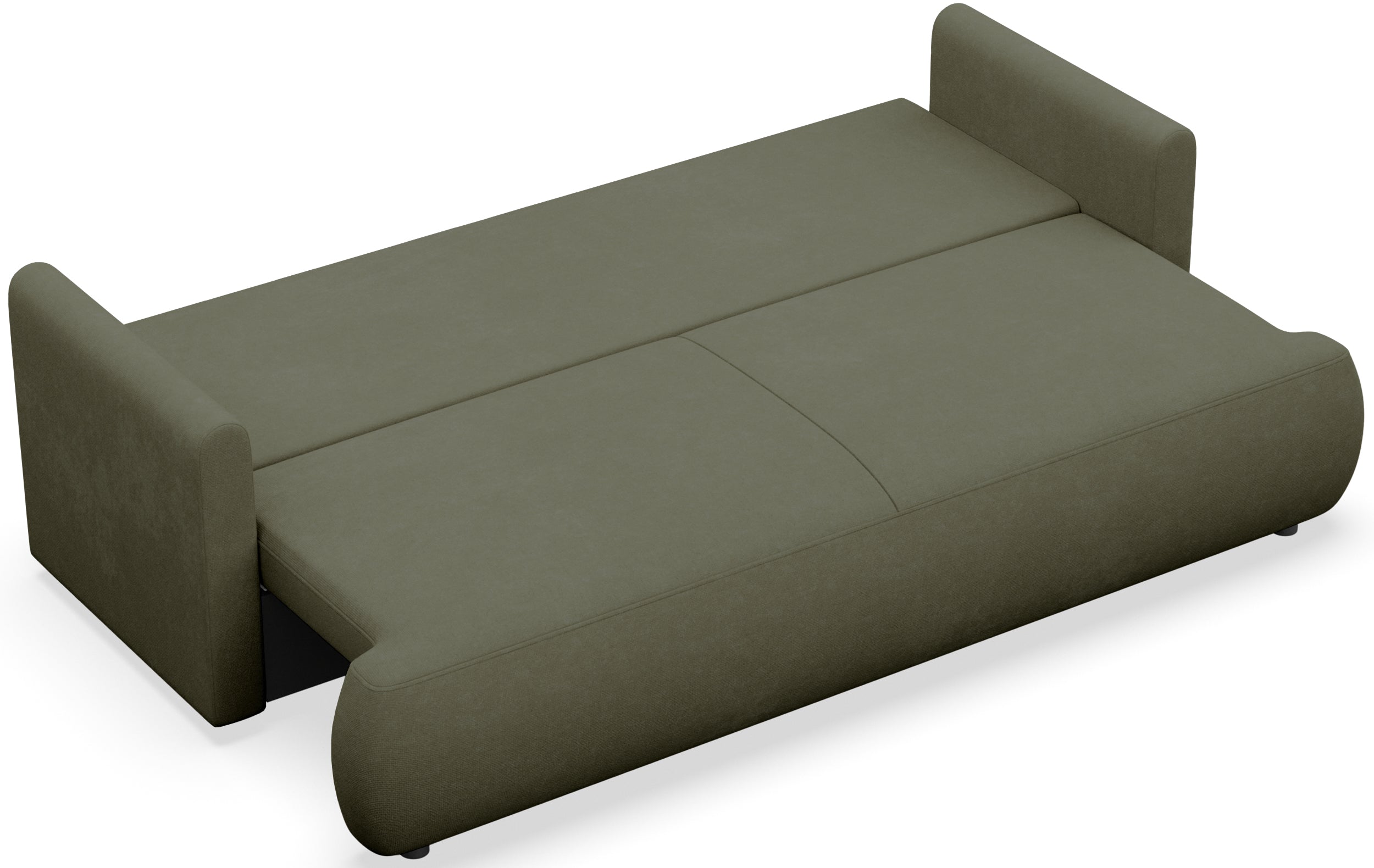 Dreisitziges ausklappbares Sofa Ovo Mini mit Stauraum, olivgrüner Chenille, leicht zu reinigen