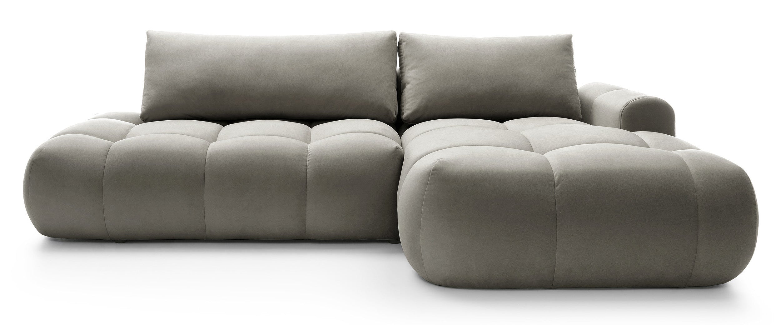 Ecksofa mit Schlaffunktion Ombo, L-förmig, mit Stauraum, graubrauner hydrophober Samt, rechtsseitig