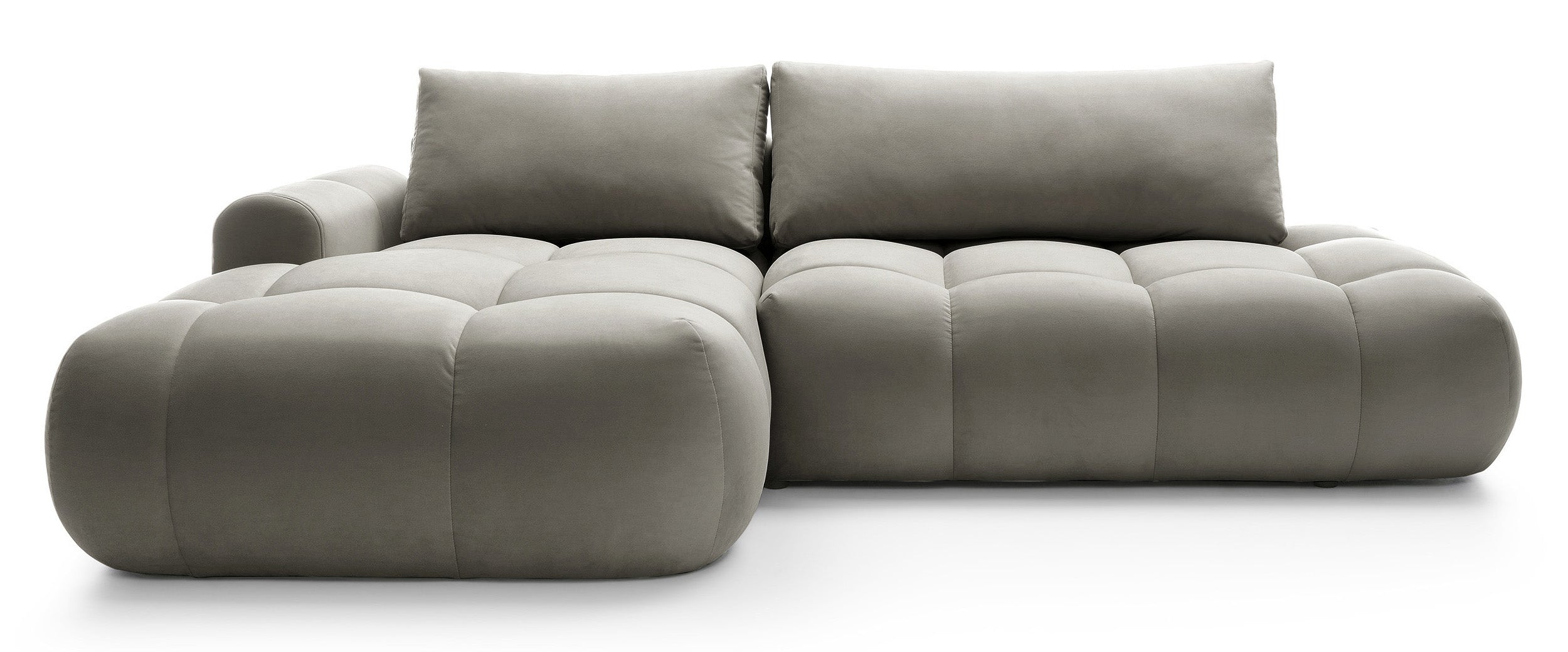 Ecksofa mit Schlaffunktion Ombo, L-förmig, mit Stauraum, graubraunes, wasserabweisendes Samtmaterial, linksseitig