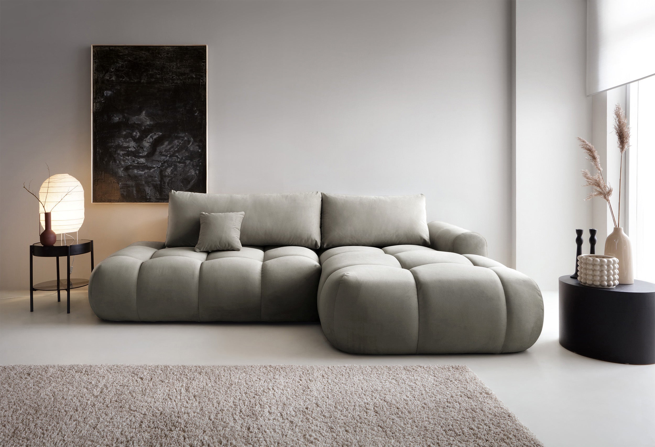 Ecksofa mit Schlaffunktion Ombo, L-förmig, mit Stauraum, graubrauner hydrophober Samt, rechtsseitig