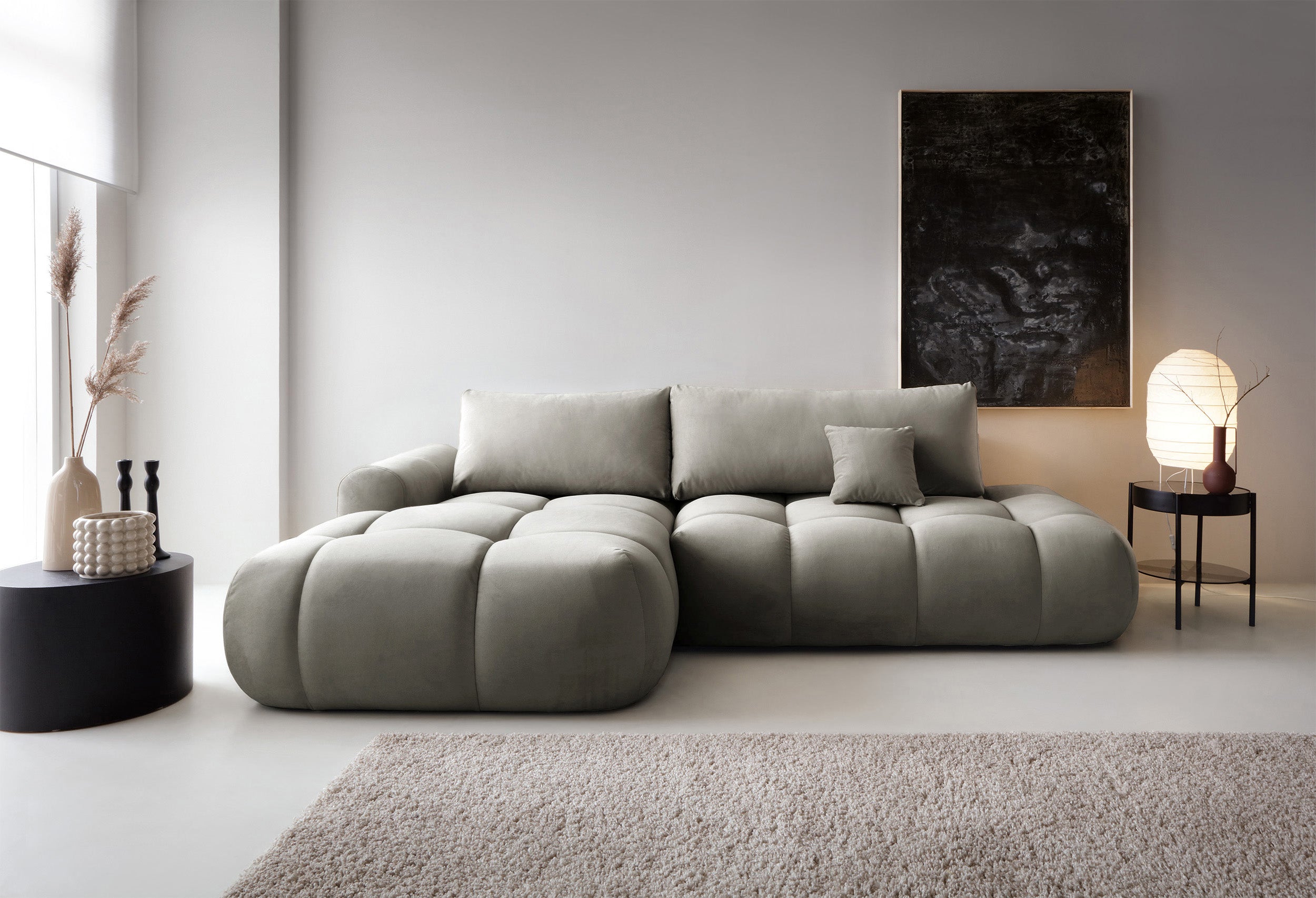Ecksofa mit Schlaffunktion Ombo, L-förmig, mit Stauraum, graubraunes, wasserabweisendes Samtmaterial, linksseitig