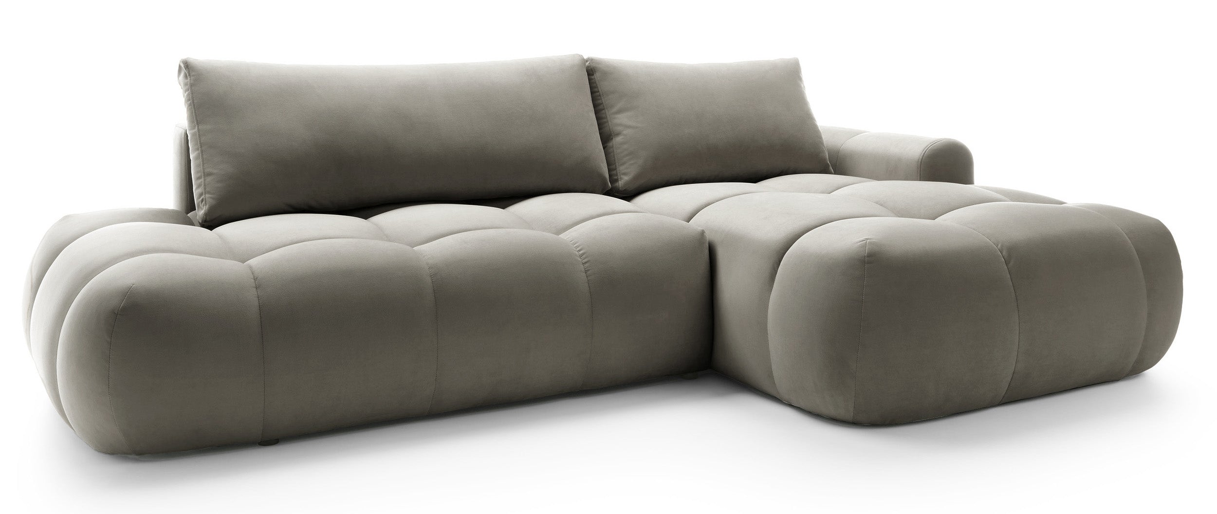 Ecksofa mit Schlaffunktion Ombo, L-förmig, mit Stauraum, graubrauner hydrophober Samt, rechtsseitig
