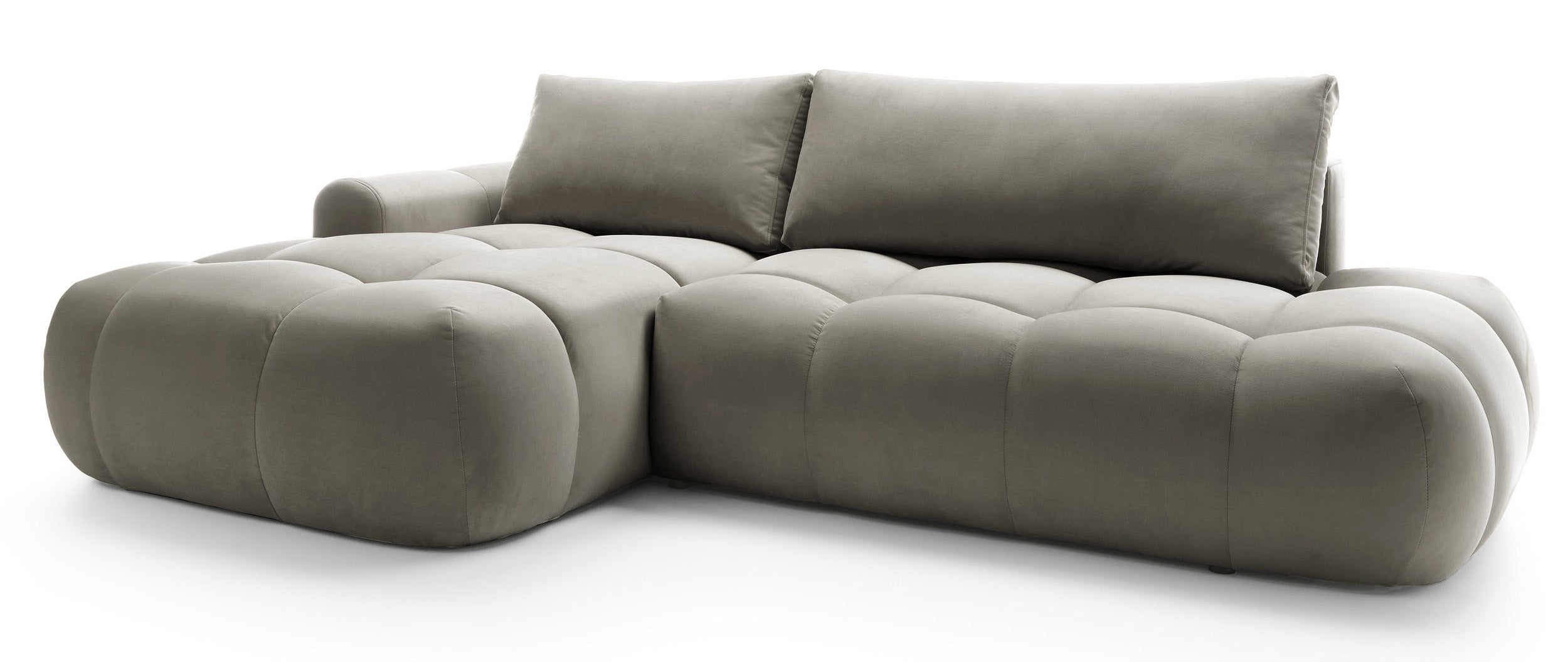 Ecksofa mit Schlaffunktion Ombo, L-förmig, mit Stauraum, graubraunes, wasserabweisendes Samtmaterial, linksseitig