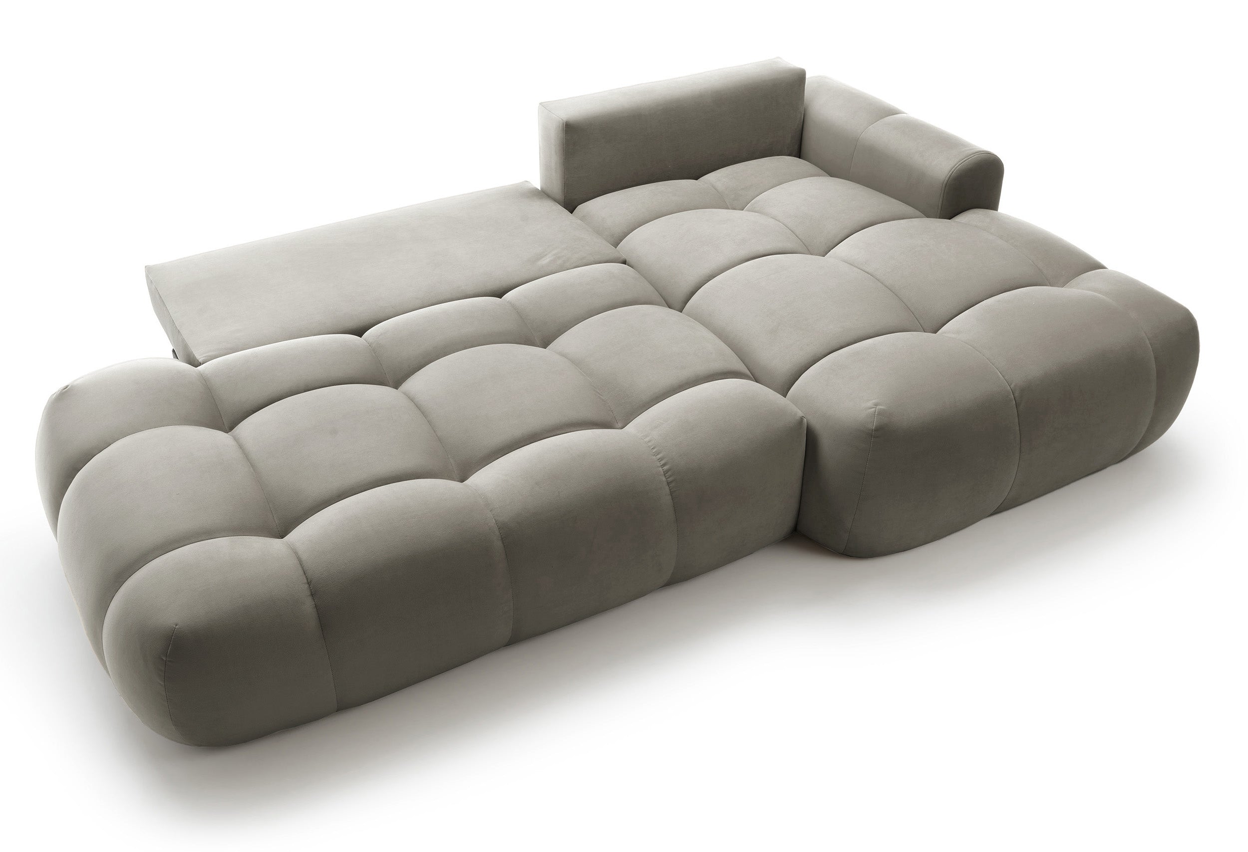 Ecksofa mit Schlaffunktion Ombo, L-förmig, mit Stauraum, graubrauner hydrophober Samt, rechtsseitig