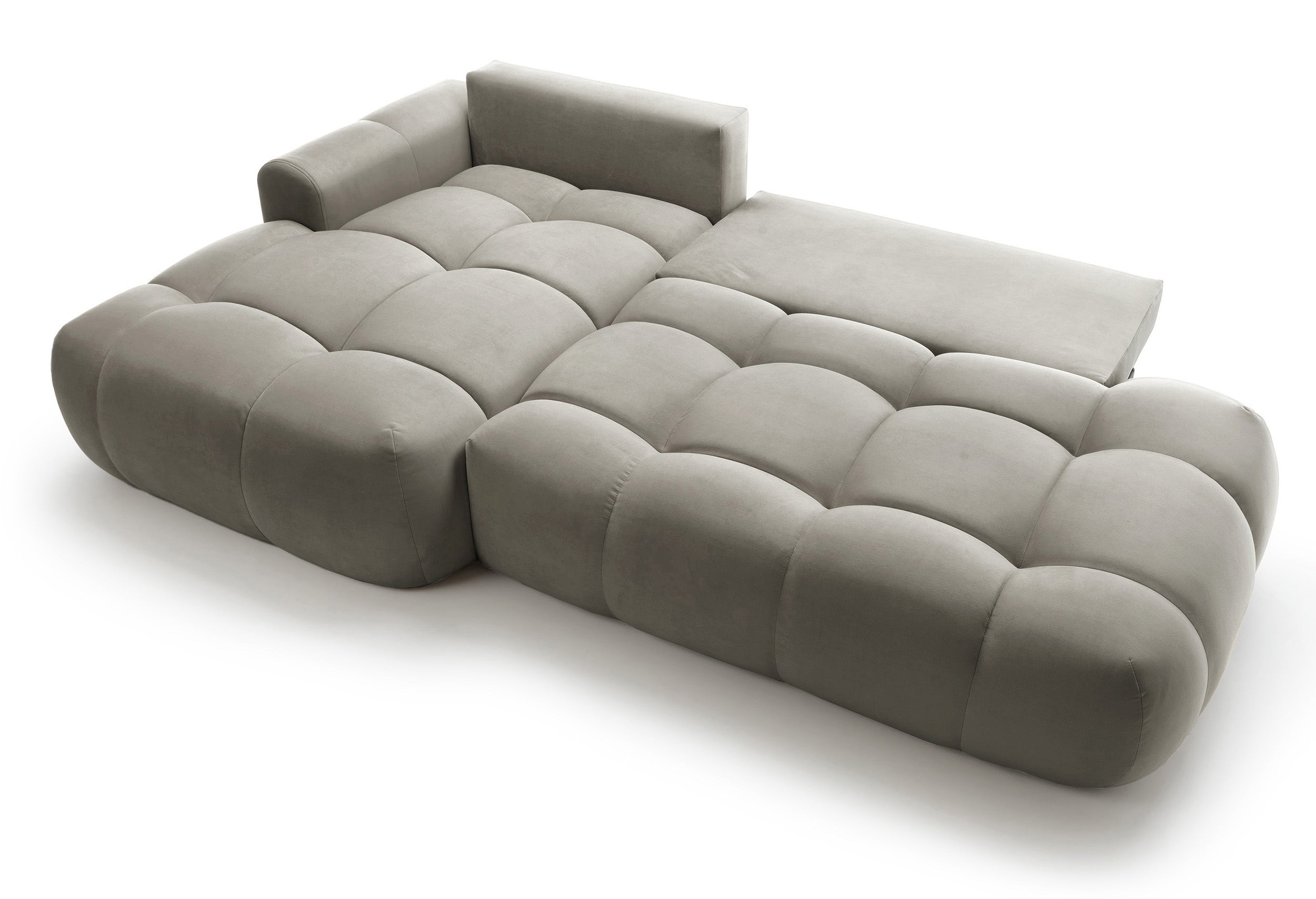 Ecksofa mit Schlaffunktion Ombo, L-förmig, mit Stauraum, graubraunes, wasserabweisendes Samtmaterial, linksseitig