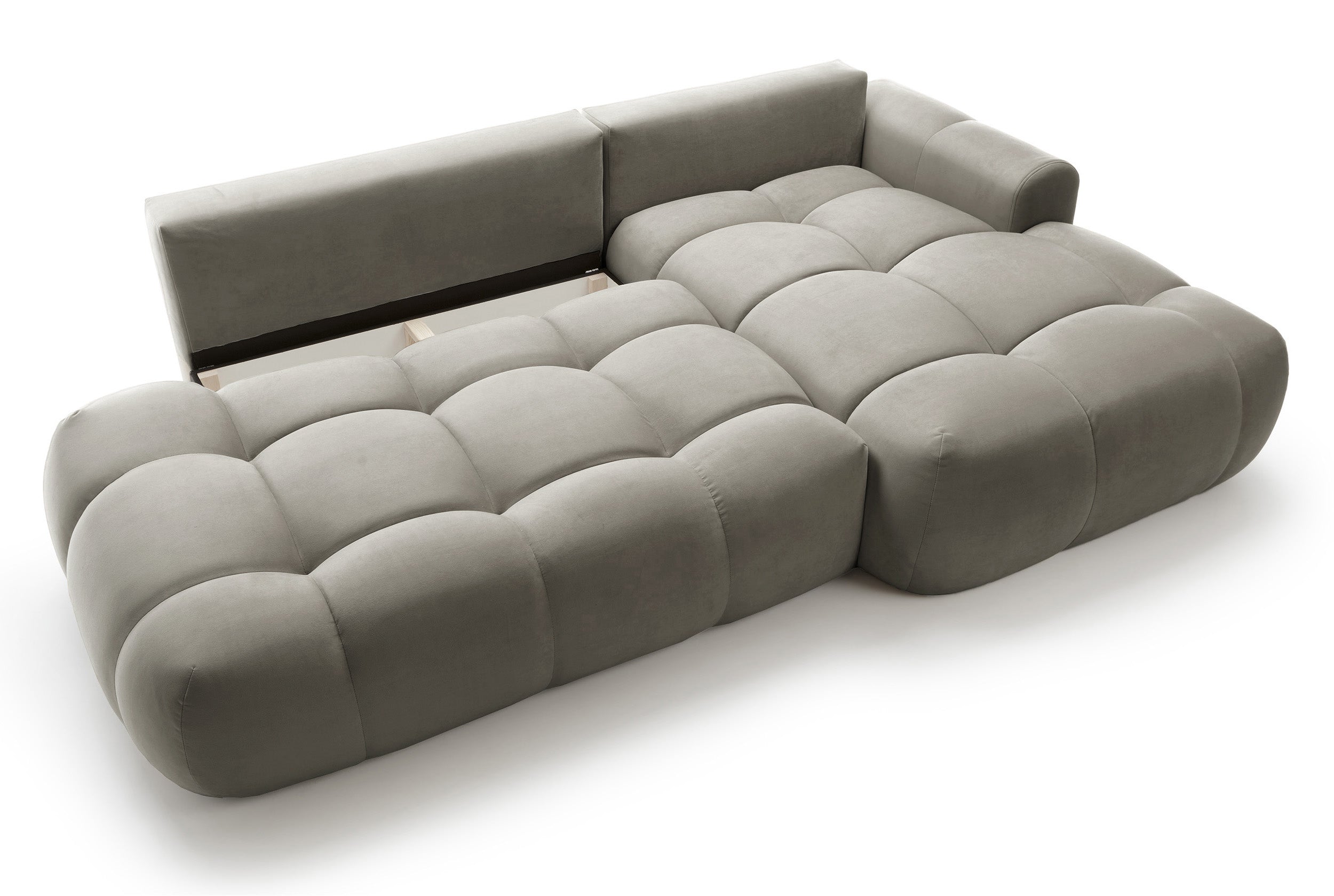 Ecksofa mit Schlaffunktion Ombo, L-förmig, mit Stauraum, graubrauner hydrophober Samt, rechtsseitig