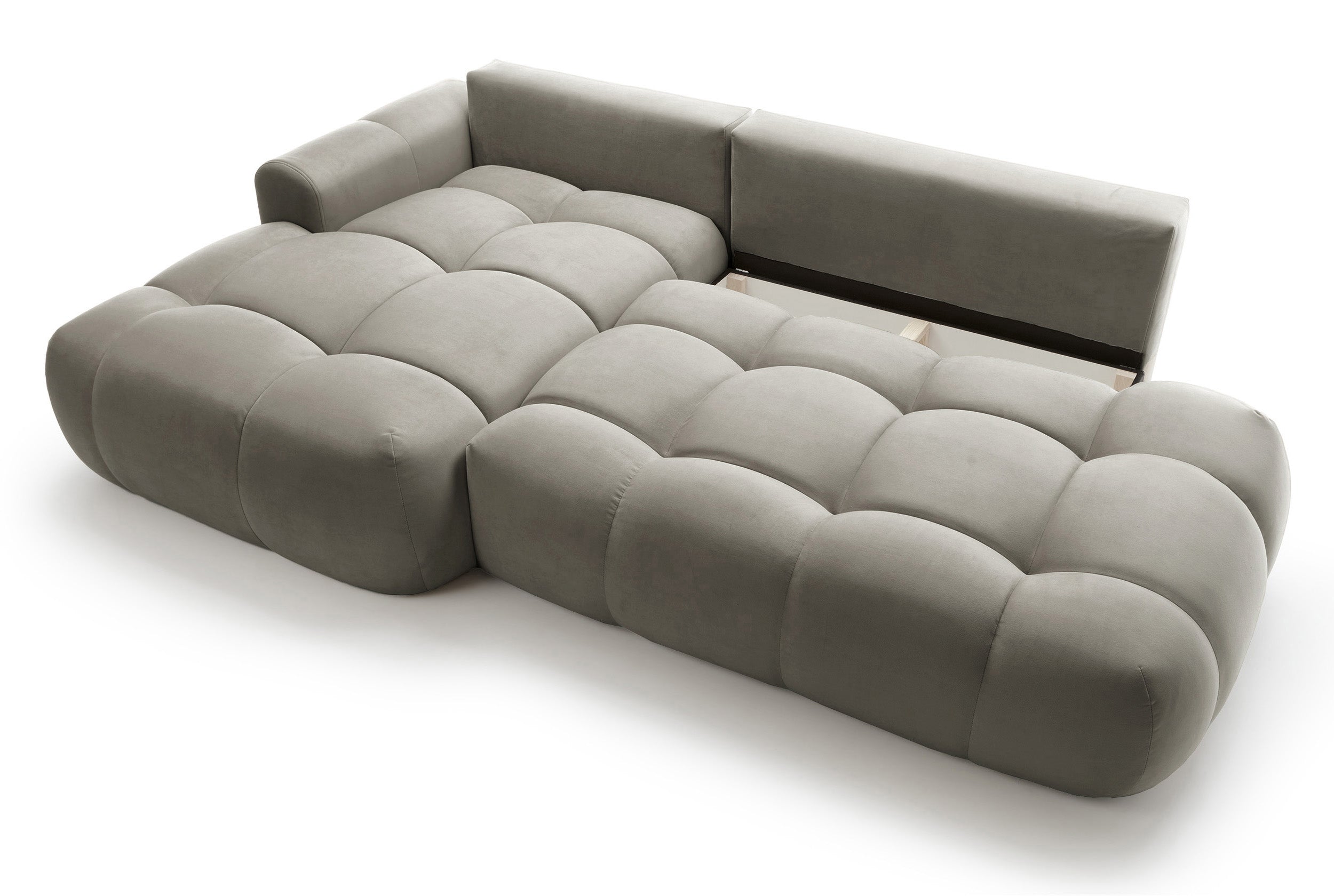 Ecksofa mit Schlaffunktion Ombo, L-förmig, mit Stauraum, graubraunes, wasserabweisendes Samtmaterial, linksseitig