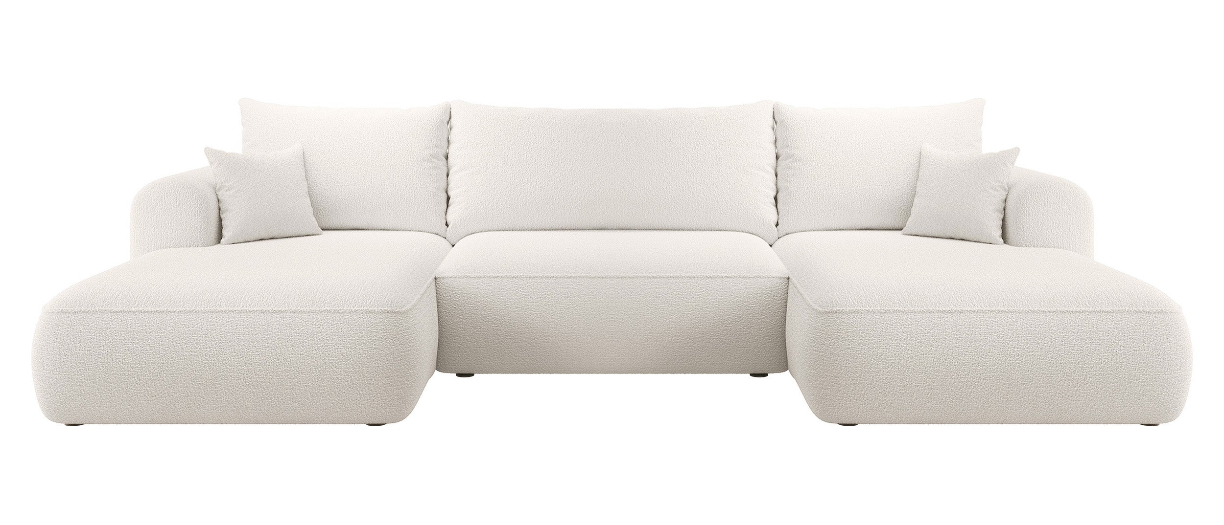 Ecksofa mit Schlaffunktion Ovo U-förmig mit Stauraum, cremefarbenes Bouclé, universell einsetzbar