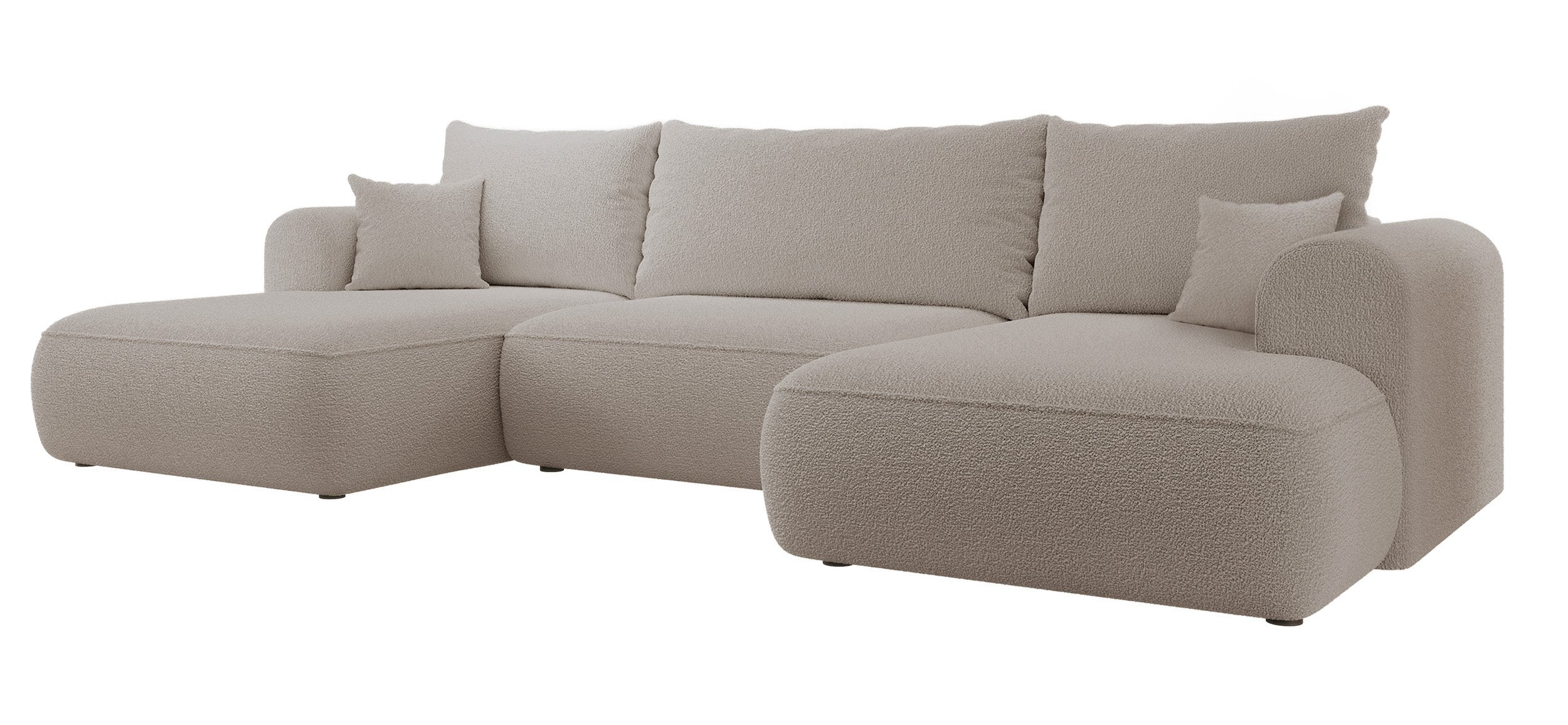 Ecksofa mit Schlafunktion Ovo U-förmig mit Stauraum, dunkelbeige Bouclé, universell einsetzbar
