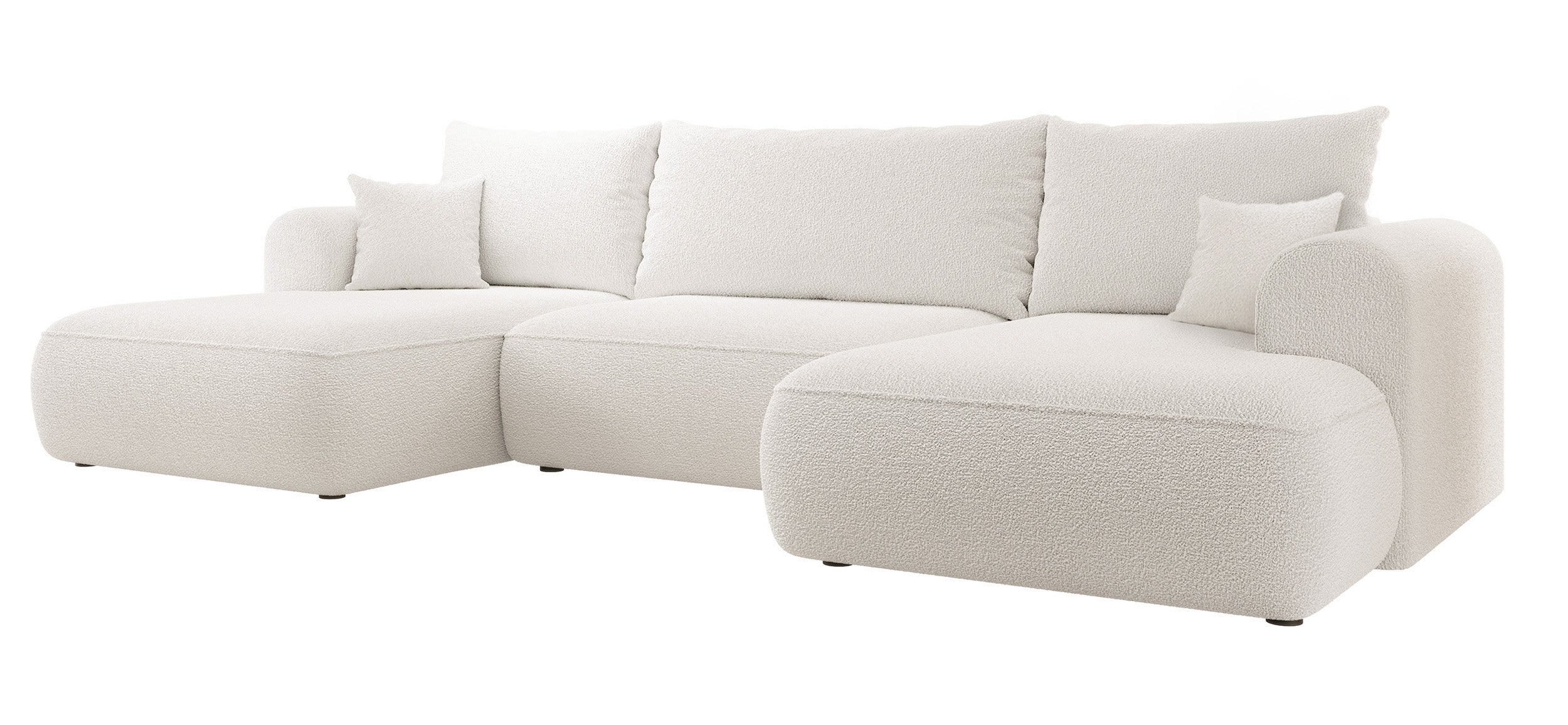 Ecksofa mit Schlaffunktion Ovo U-förmig mit Stauraum, cremefarbenes Bouclé, universell einsetzbar