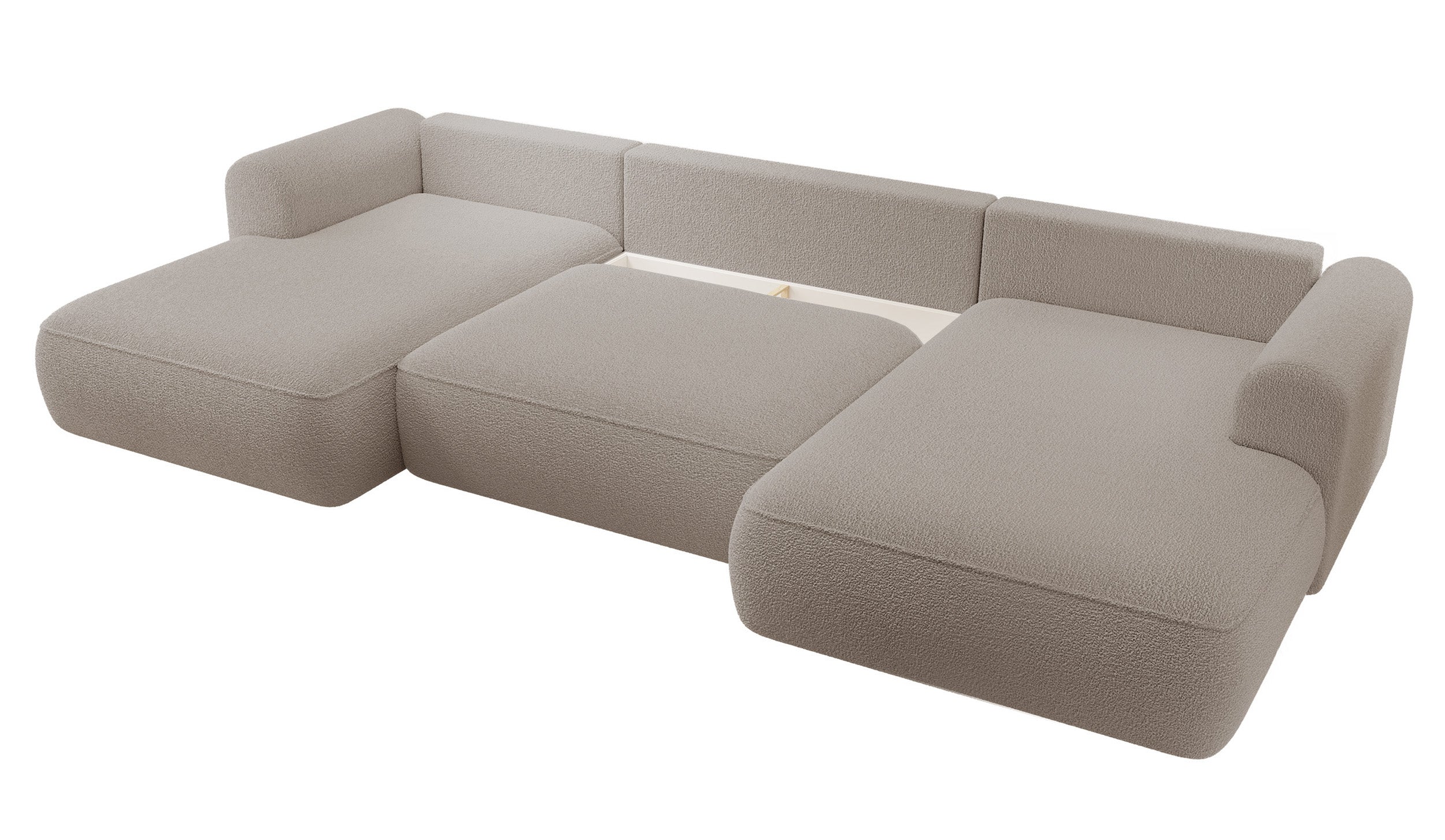 Ecksofa mit Schlafunktion Ovo U-förmig mit Stauraum, dunkelbeige Bouclé, universell einsetzbar