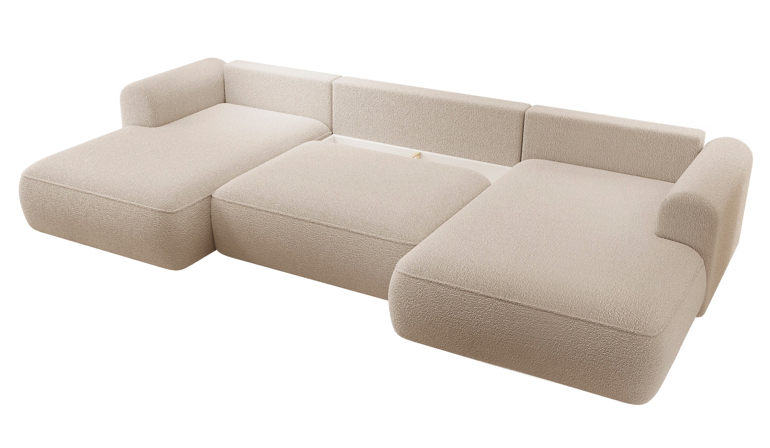 Ecksofa mit Schlaffunktion Ovo U-förmig mit Stauraum, beige Bouclé, universell einsetzbar