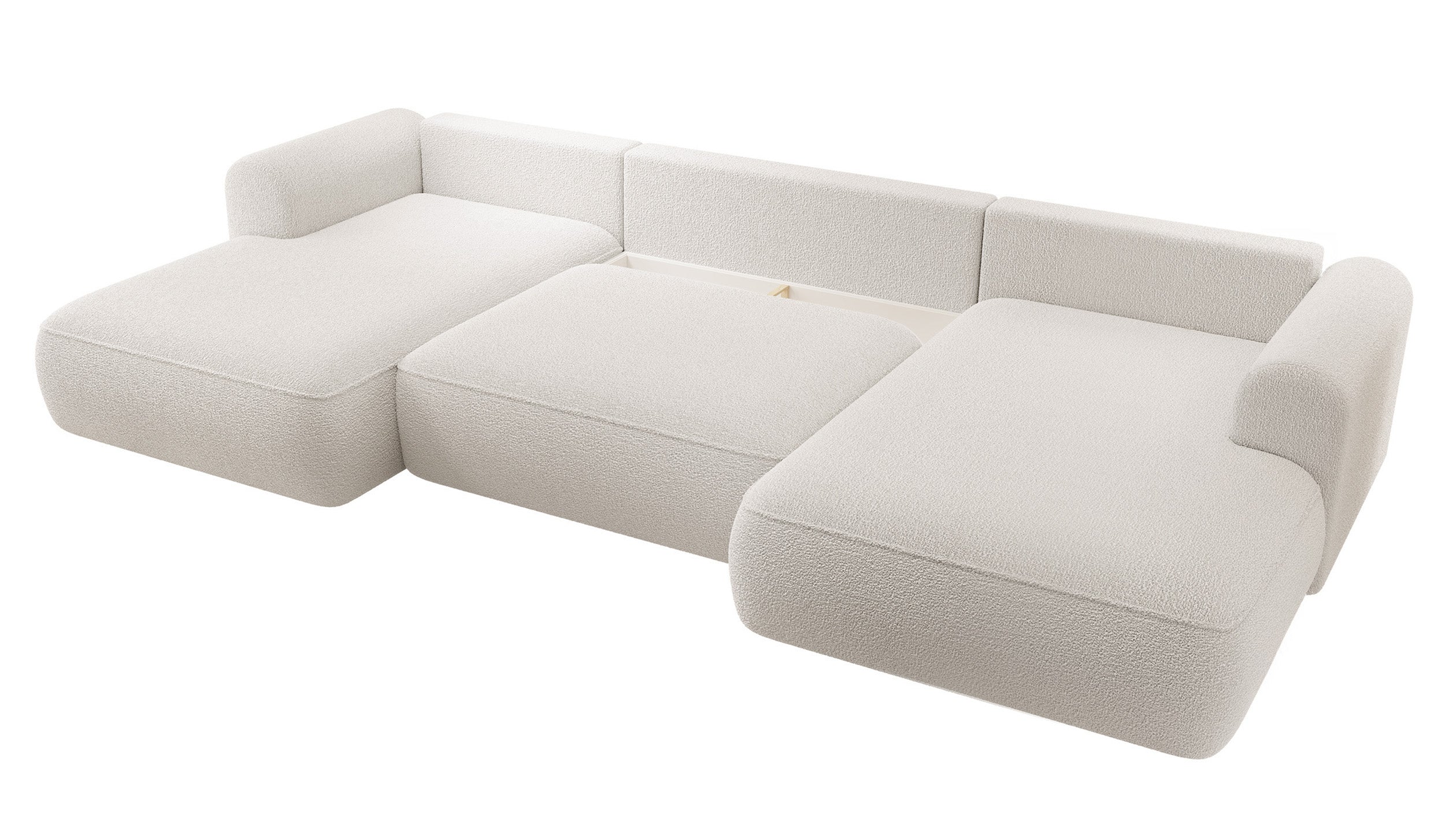 Ecksofa mit Schlaffunktion Ovo U-förmig mit Stauraum, cremefarbenes Bouclé, universell einsetzbar