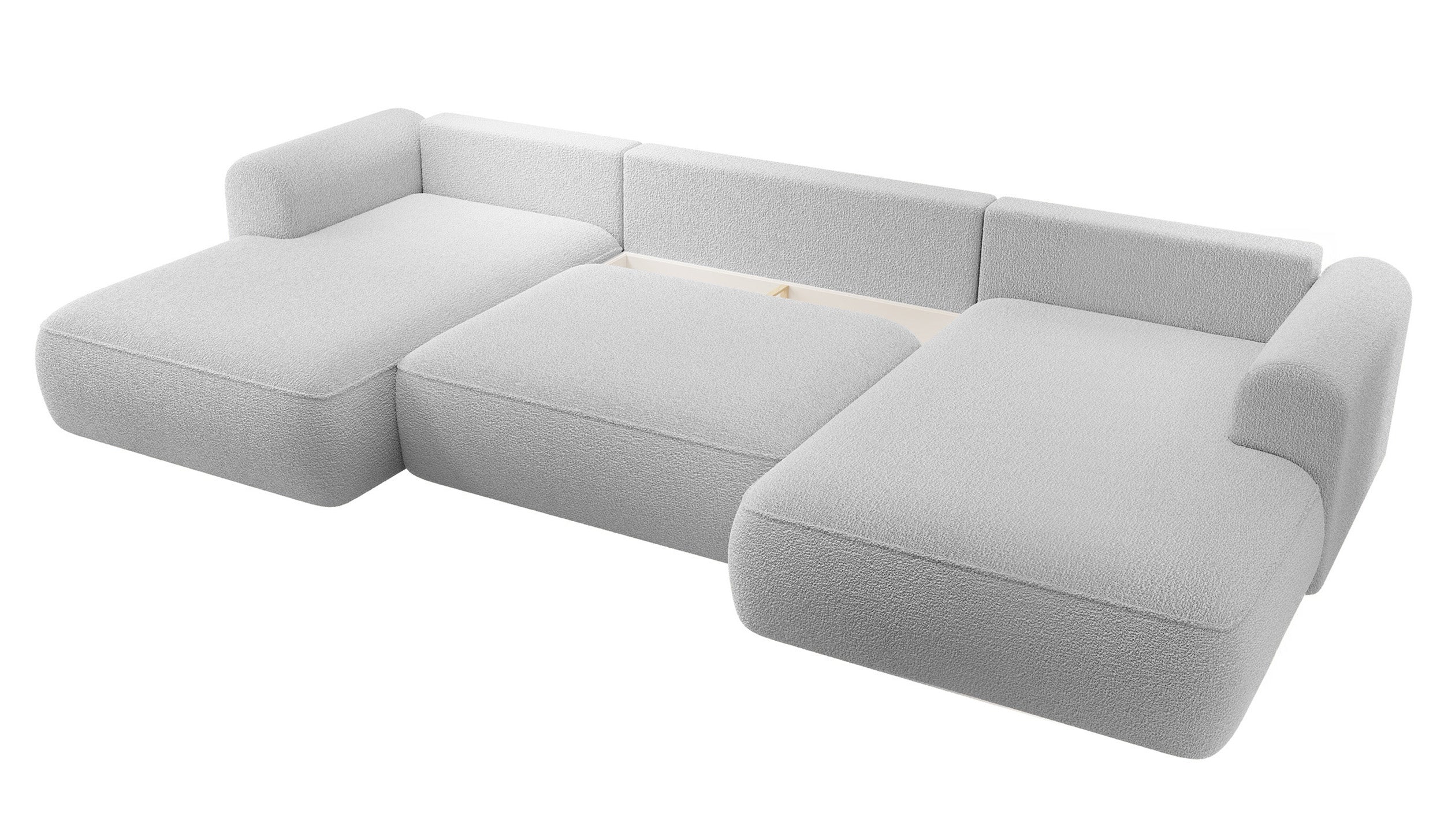 Ecksofa mit Schlaffunktion Ovo U-förmig mit Stauraum, grau Bouclé, universell verwendbar