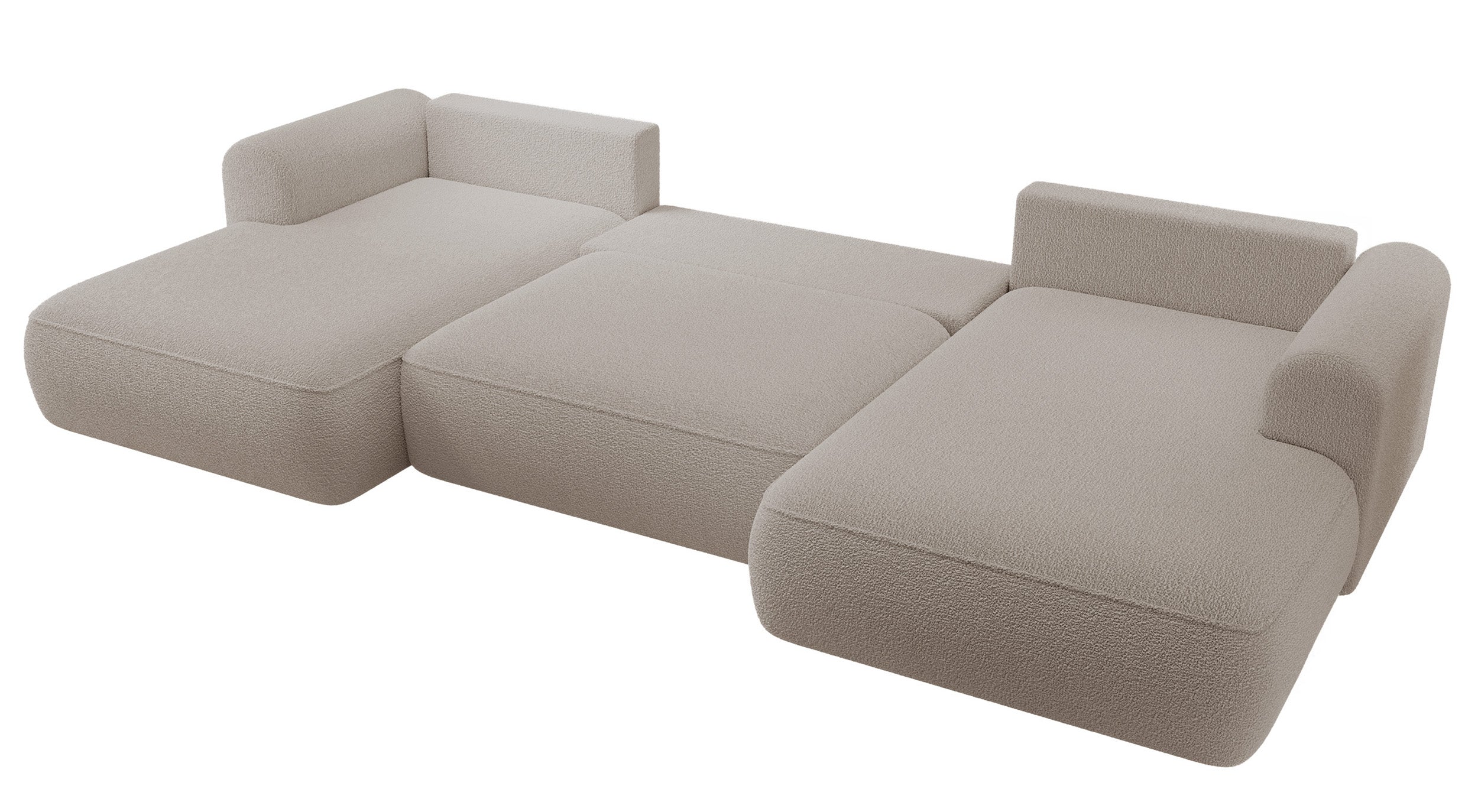Ecksofa mit Schlafunktion Ovo U-förmig mit Stauraum, dunkelbeige Bouclé, universell einsetzbar