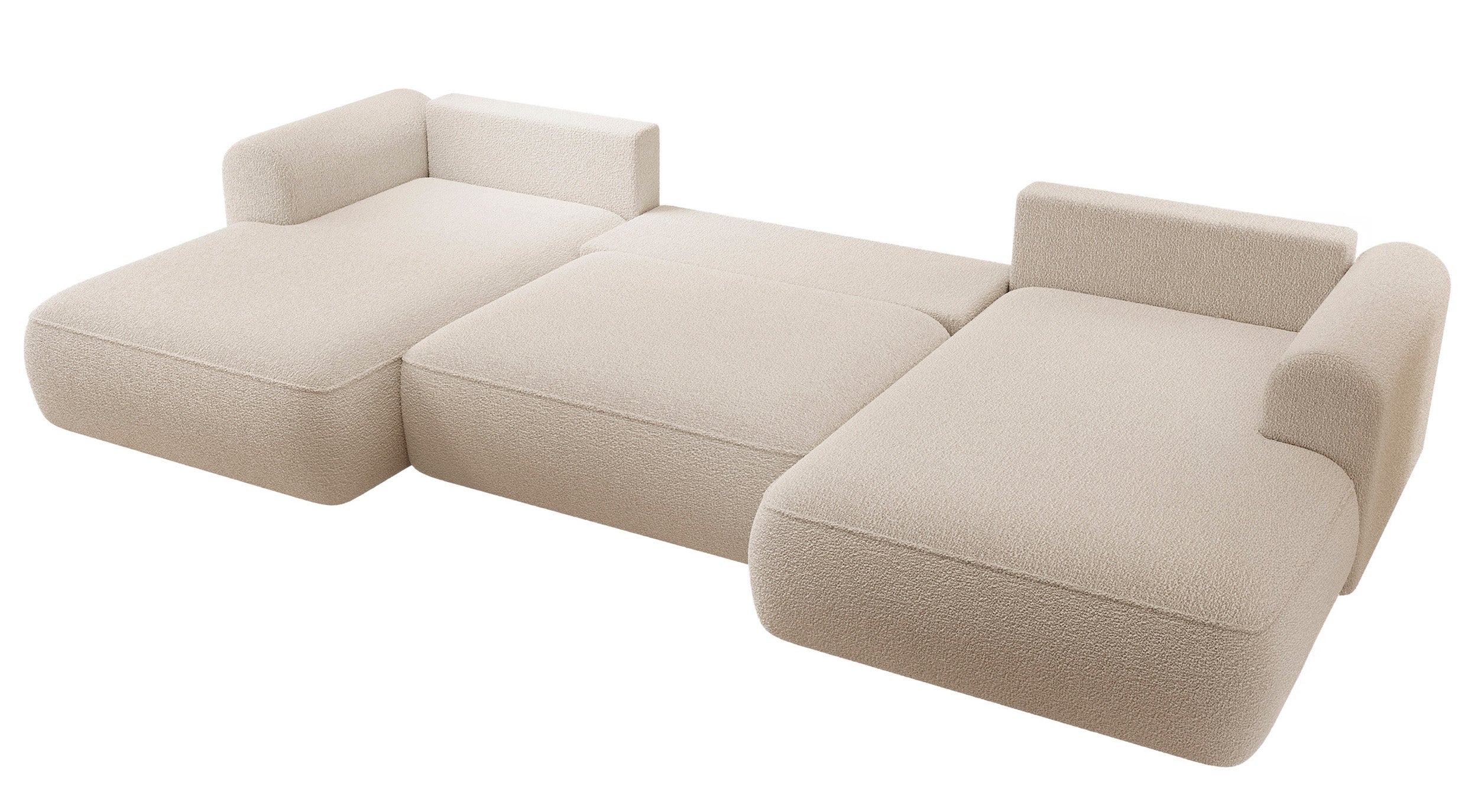 Ecksofa mit Schlaffunktion Ovo U-förmig mit Stauraum, beige Bouclé, universell einsetzbar
