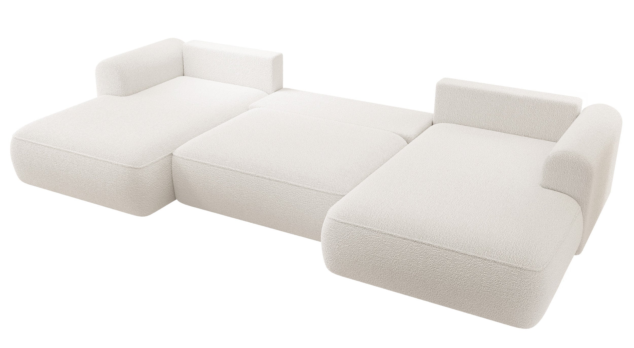 Ecksofa mit Schlaffunktion Ovo U-förmig mit Stauraum, cremefarbenes Bouclé, universell einsetzbar