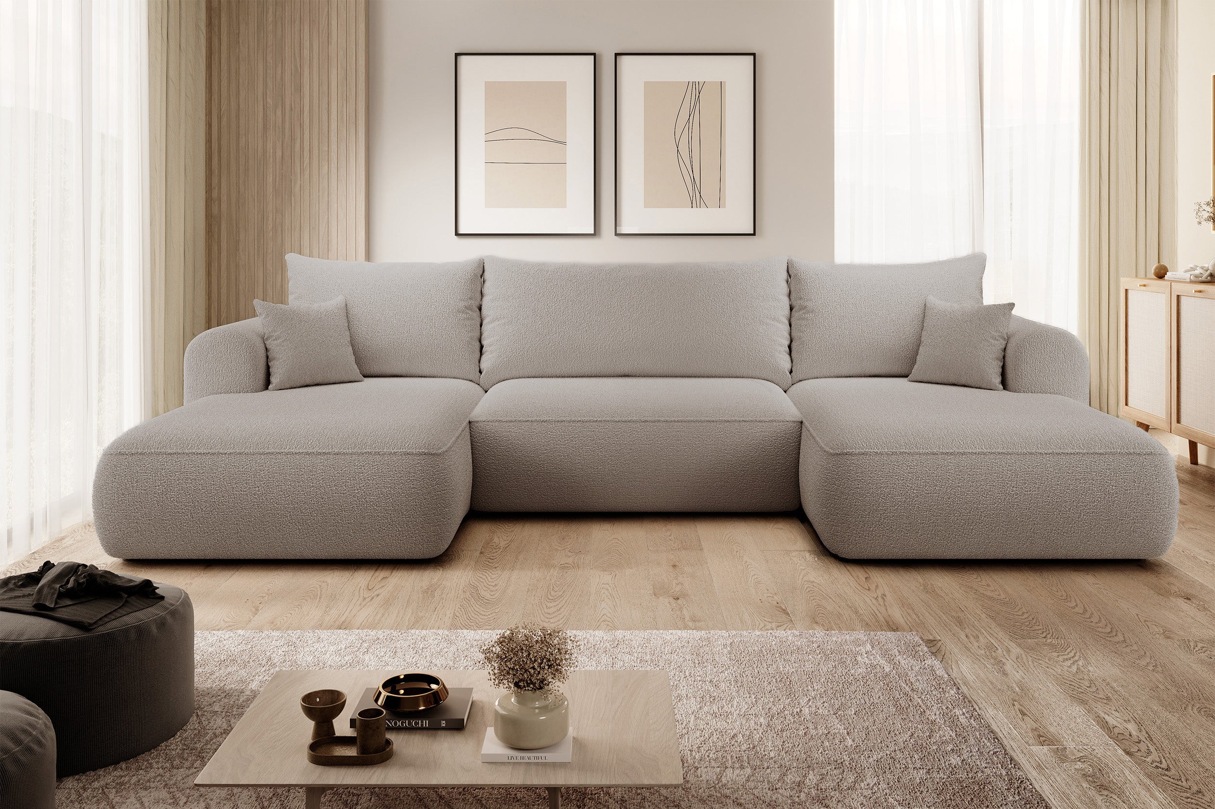Ecksofa mit Schlafunktion Ovo U-förmig mit Stauraum, dunkelbeige Bouclé, universell einsetzbar