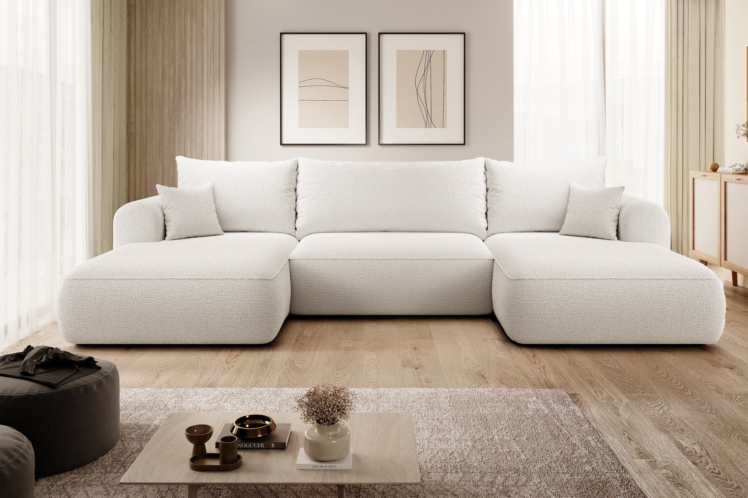 Ecksofa mit Schlaffunktion Ovo U-förmig mit Stauraum, cremefarbenes Bouclé, universell einsetzbar