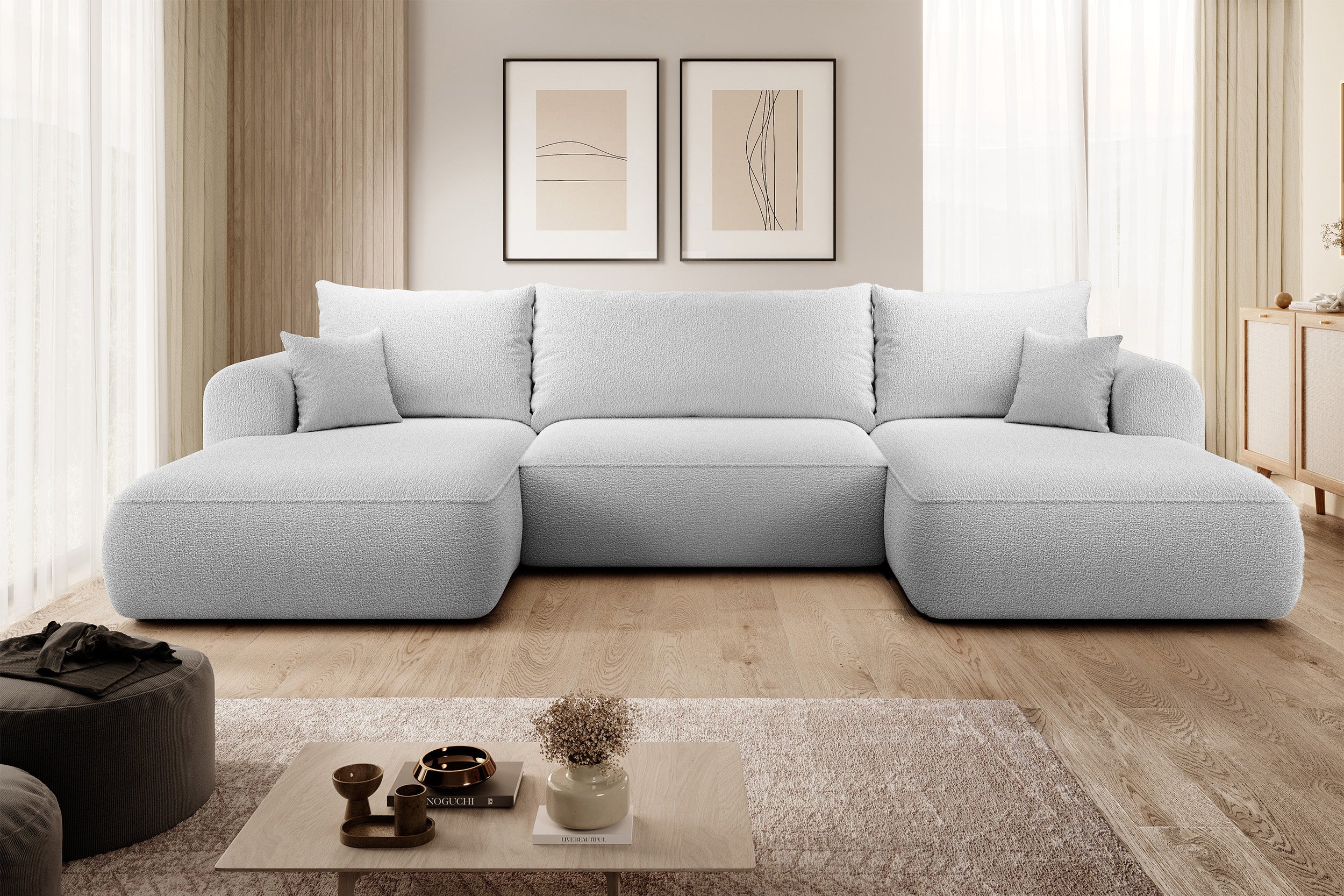 Ecksofa mit Schlaffunktion Ovo U-förmig mit Stauraum, grau Bouclé, universell verwendbar