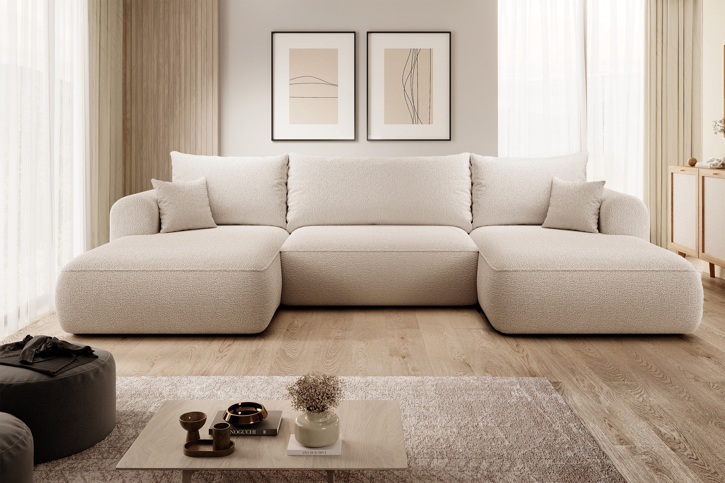 Ecksofa mit Schlaffunktion Ovo U-förmig mit Stauraum, beige Bouclé, universell einsetzbar