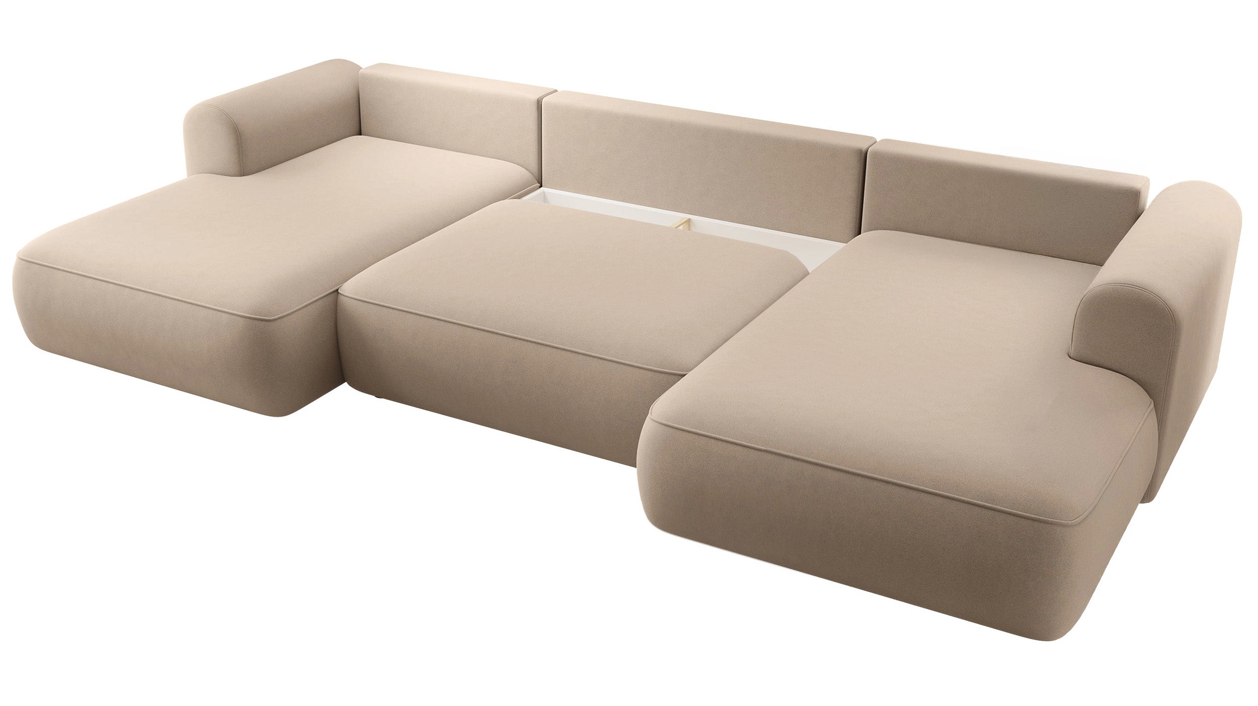 Ecksofa mit Schlafunktion Ovo U-förmig mit Stauraum, beige, pflegeleichter Samt, universell einsetzbar