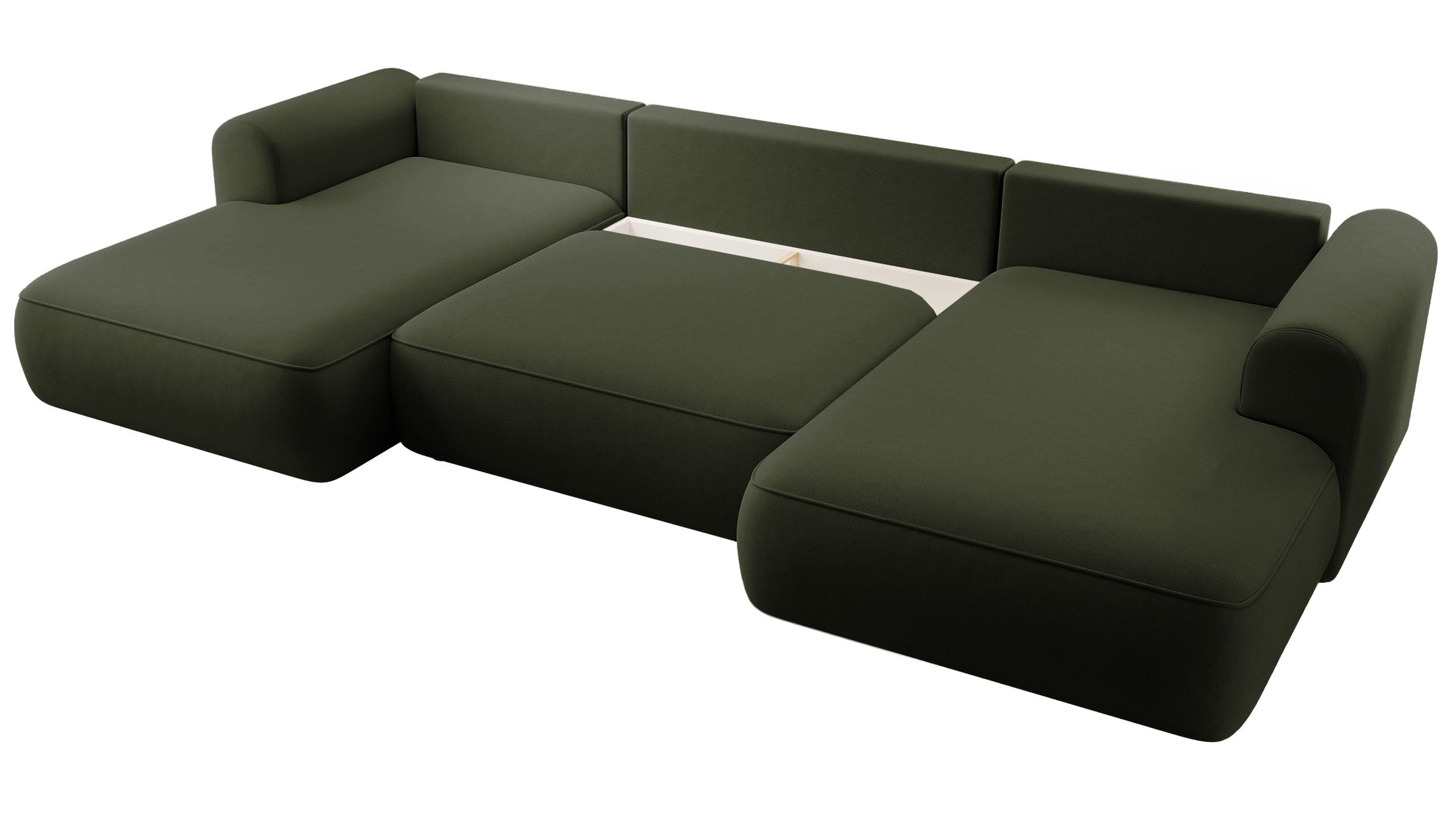 Ecksofa mit Schlaffunktion Ovo U-förmig mit Stauraum, olivgrüner, pflegeleichter Samt, universell einsetzbar