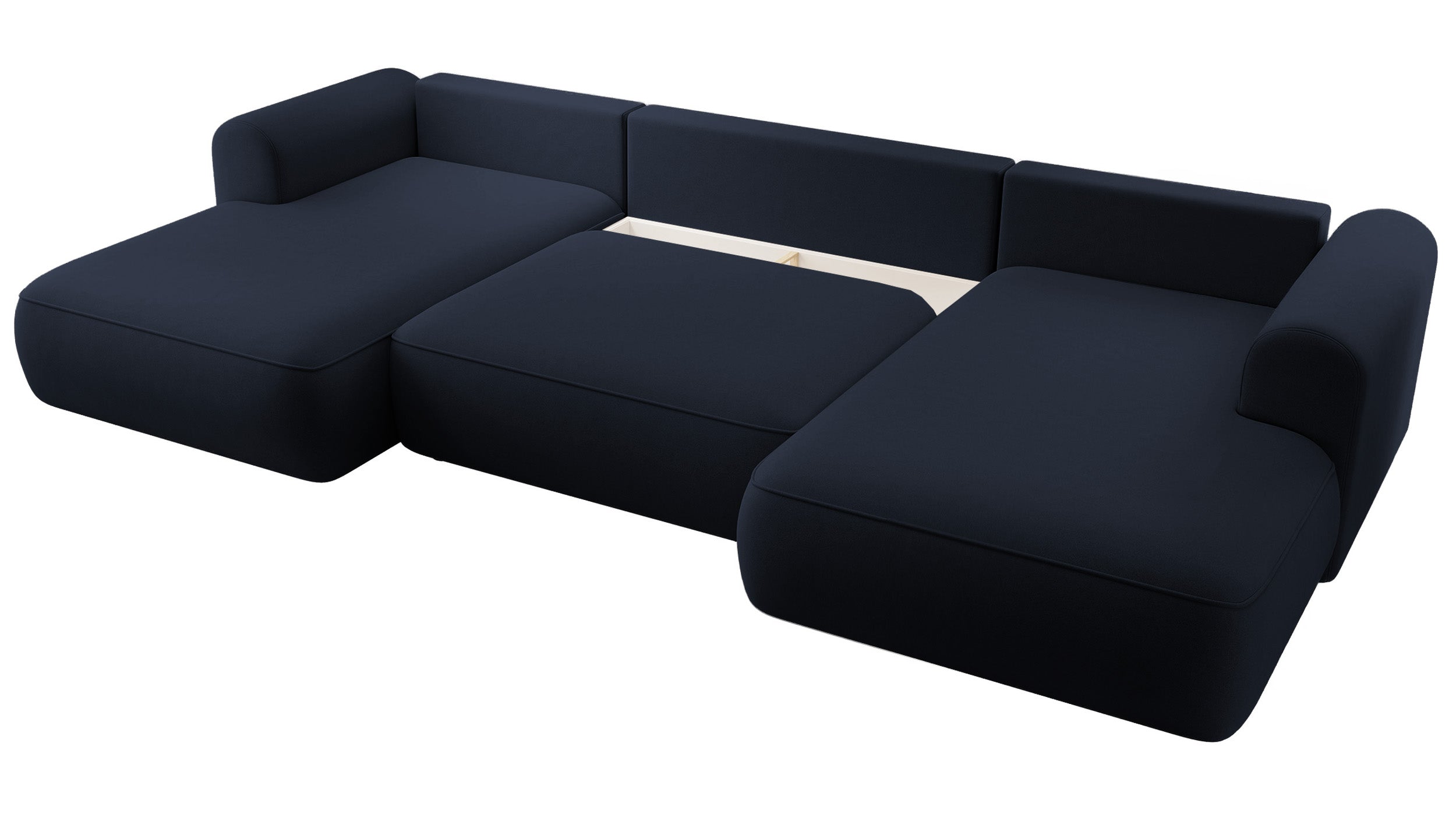 Ecksofa mit Schlaffunktion Ovo U-förmig mit Stauraum, marineblauer, pflegeleichter Samt, universell einsetzbar