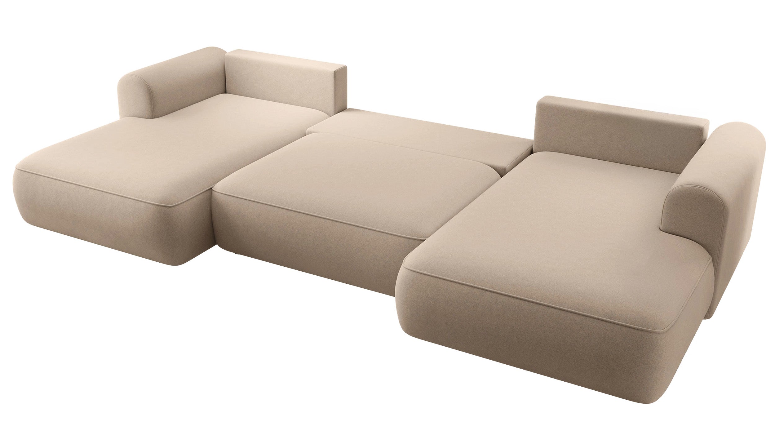Ecksofa mit Schlafunktion Ovo U-förmig mit Stauraum, beige, pflegeleichter Samt, universell einsetzbar