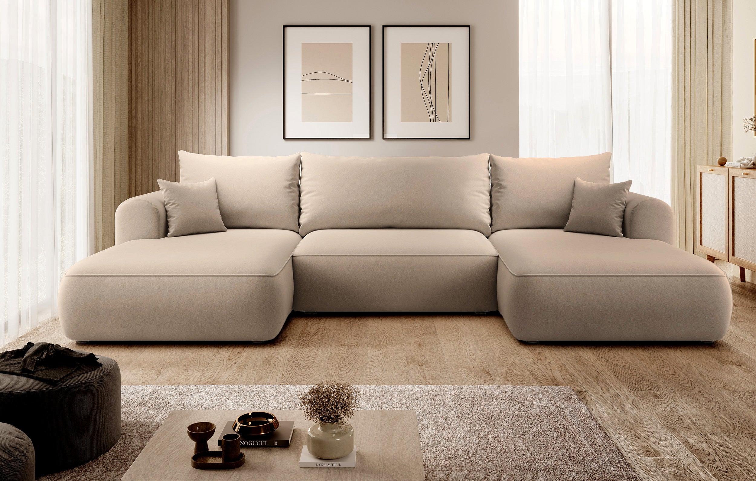 Ecksofa mit Schlafunktion Ovo U-förmig mit Stauraum, beige, pflegeleichter Samt, universell einsetzbar