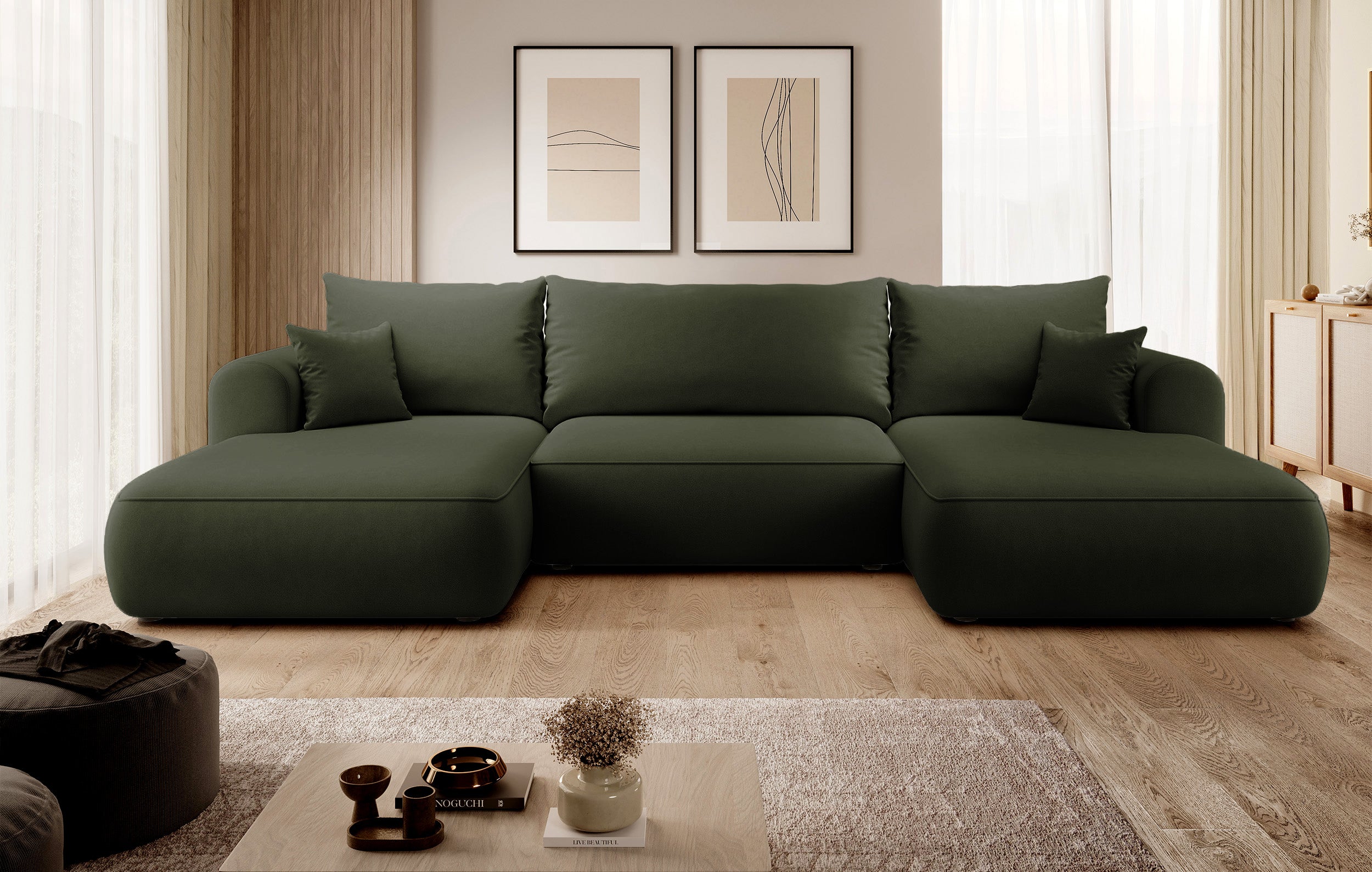 Ecksofa mit Schlaffunktion Ovo U-förmig mit Stauraum, olivgrüner, pflegeleichter Samt, universell einsetzbar