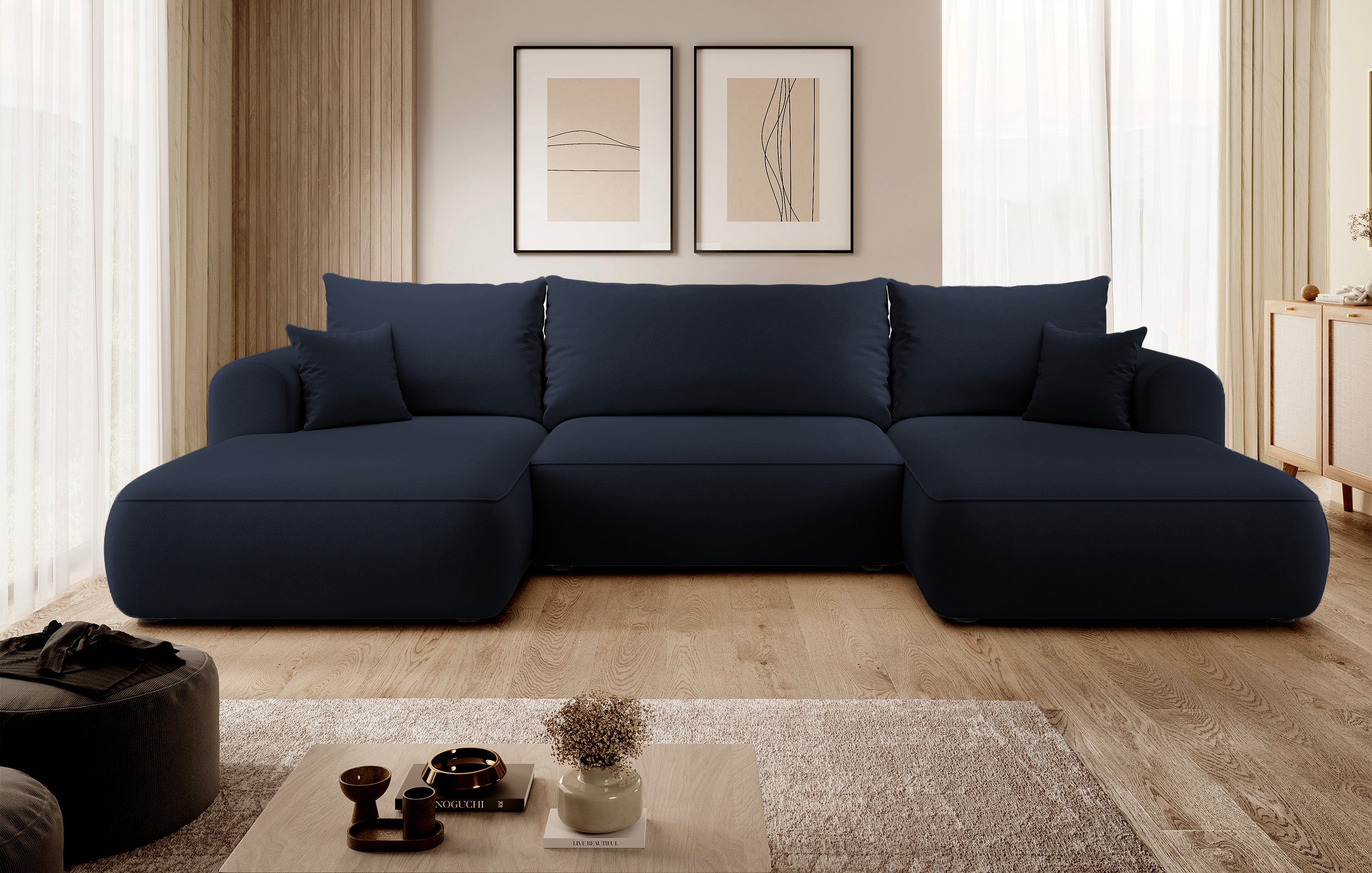 Ecksofa mit Schlaffunktion Ovo U-förmig mit Stauraum, marineblauer, pflegeleichter Samt, universell einsetzbar