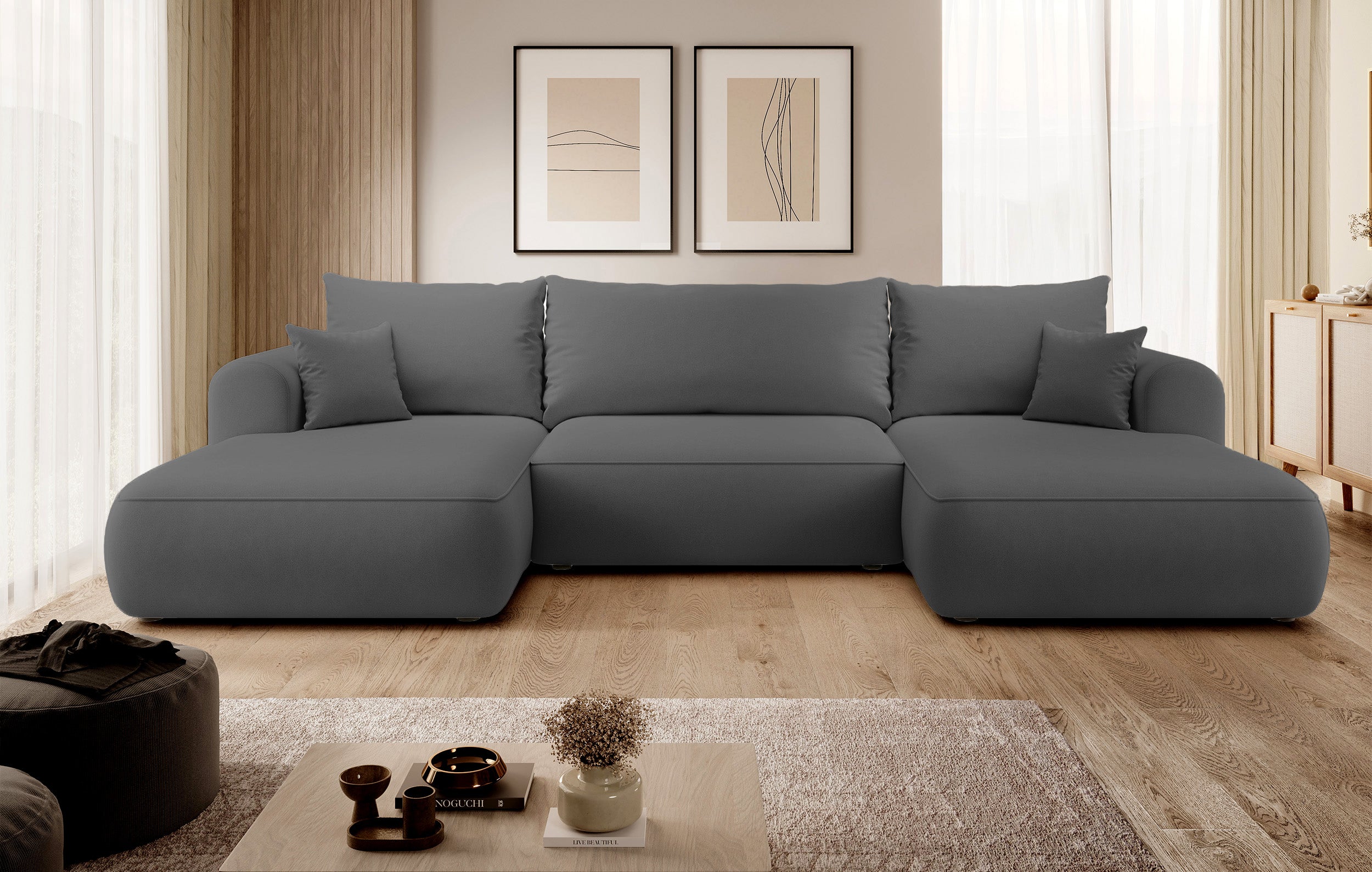 Ecksofa mit Schlaf-Funktion Ovo U-förmig mit Stauraum dunkelgrauer, pflegeleichter Samt, universell einsetzbar