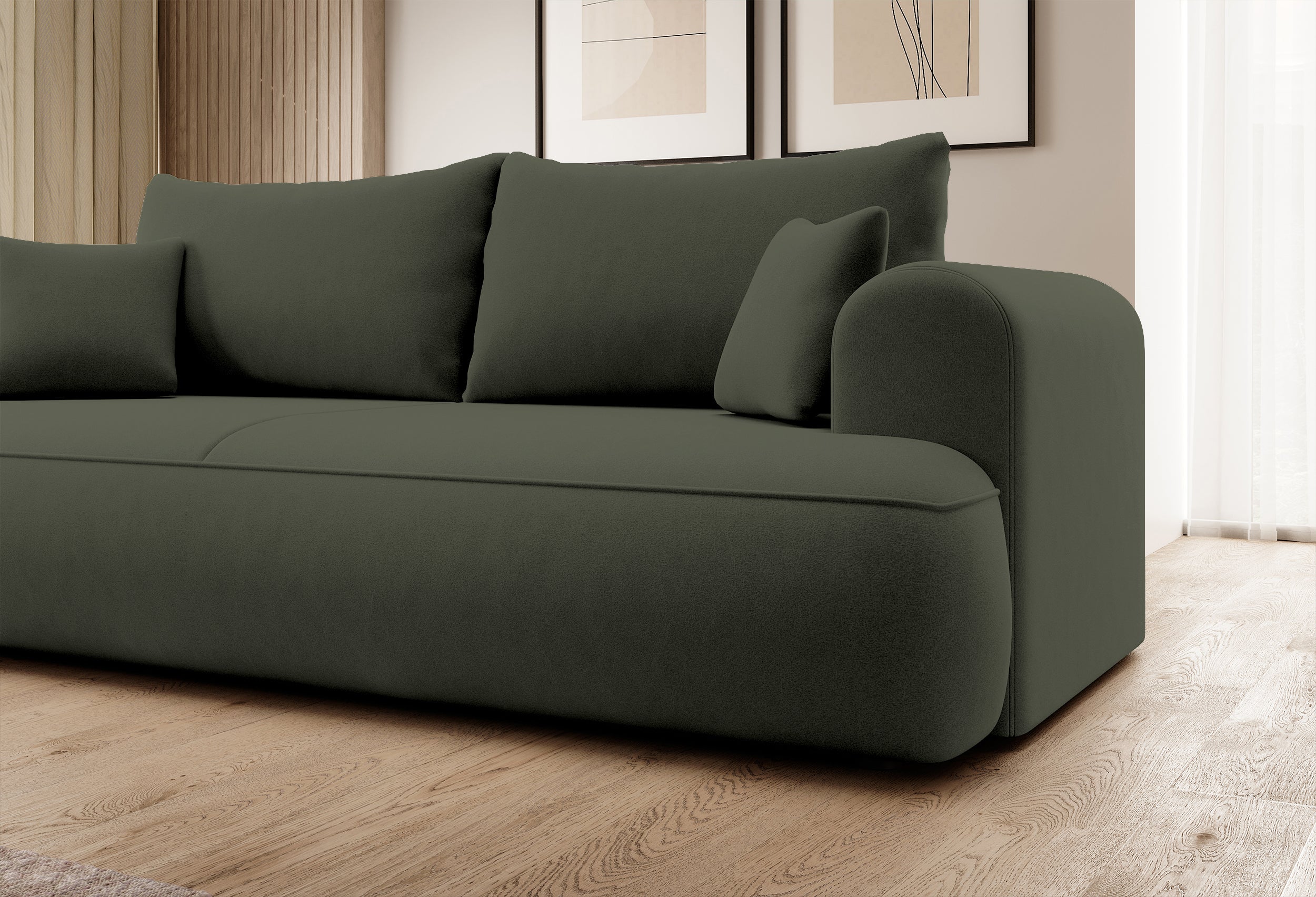 Drei-Sitzer-Schlafsofa Ovo mit Stauraum, olivgrüner Samt aus leicht zu reinigendem Stoff
