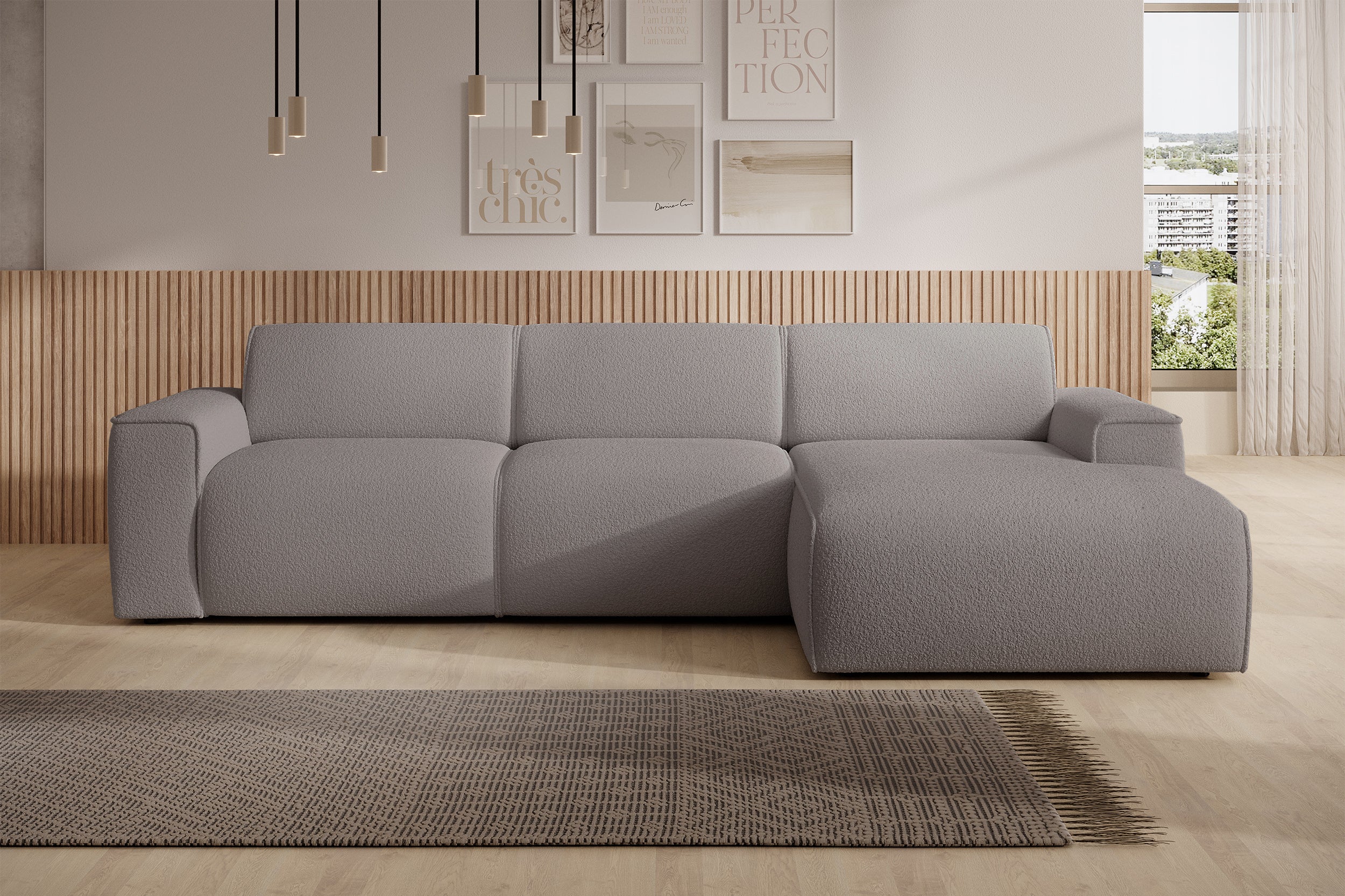 Ecksofa Bouvi L-förmig rechtsseitig, grau-braunes Bouclé
