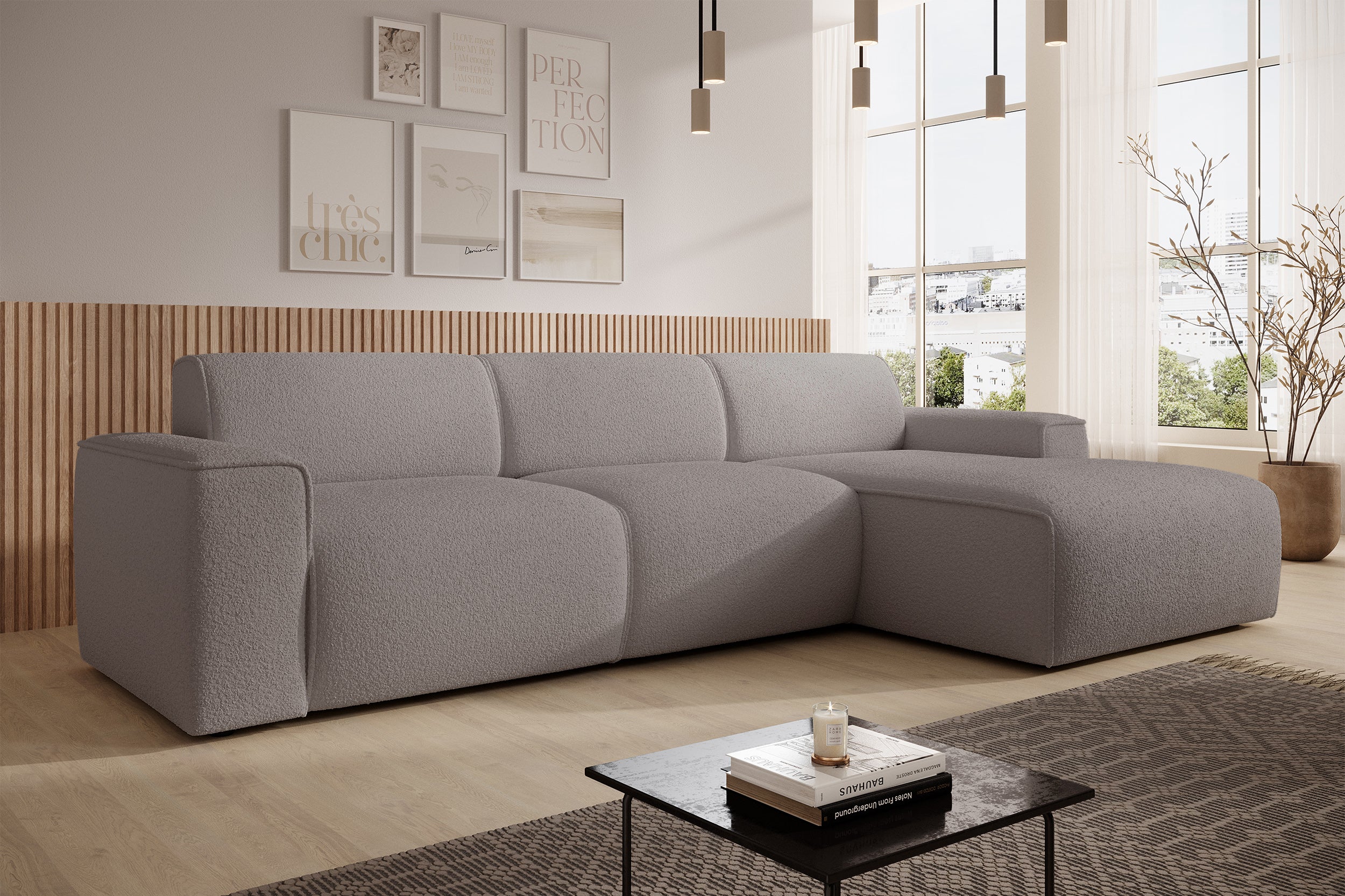 Ecksofa Bouvi L-förmig rechtsseitig, grau-braunes Bouclé
