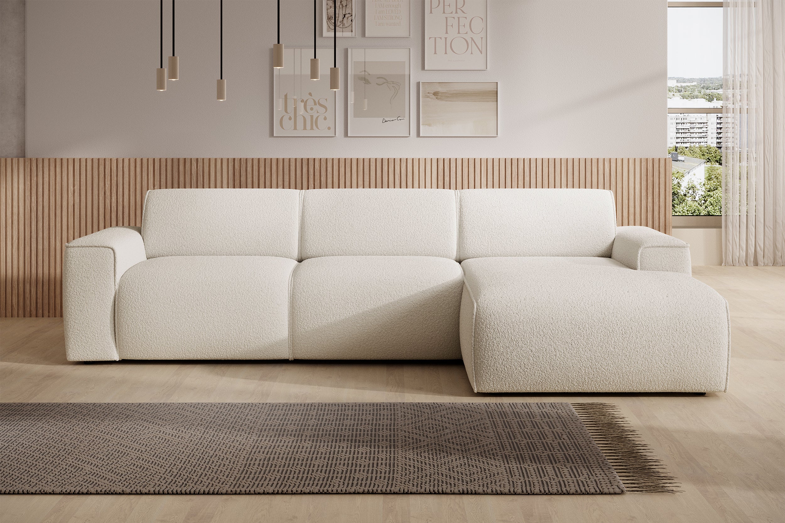 Ecksofa Bouvi L-förmig, rechtsseitig, cremefarben, Bouclé