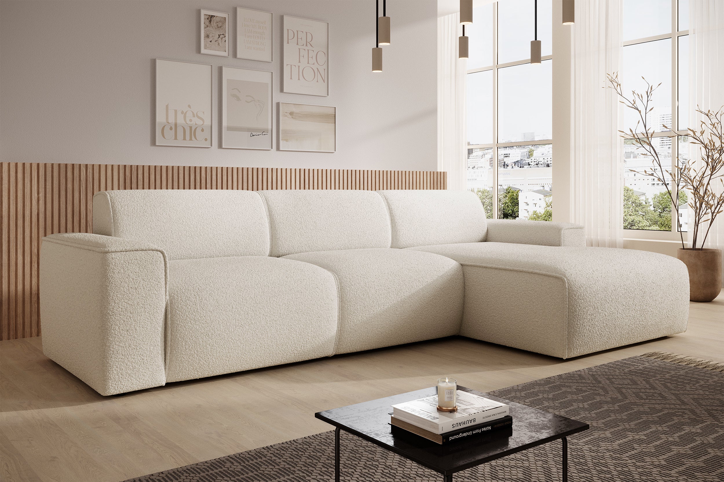 Ecksofa Bouvi L-förmig, rechtsseitig, cremefarben, Bouclé