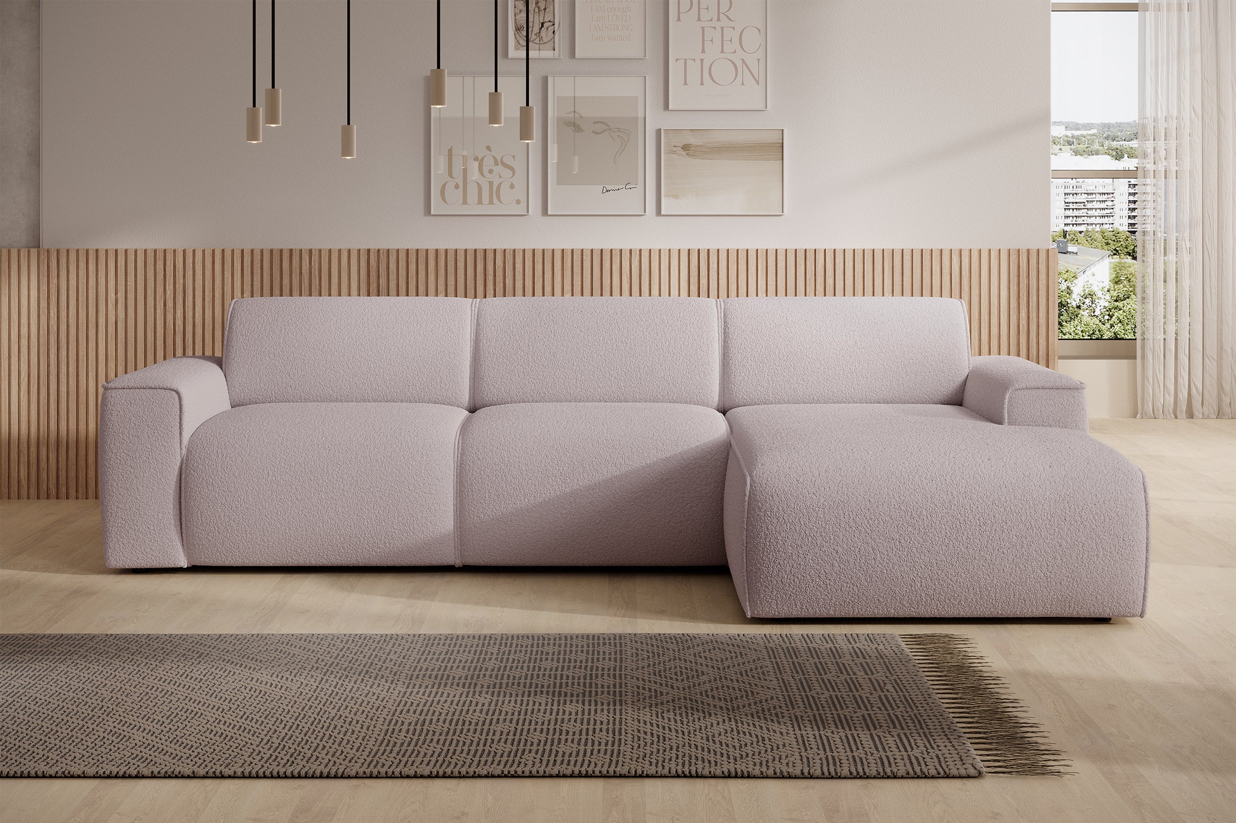 Ecksofa Bouvi L-förmig, rechtsseitig, beige Bouclé