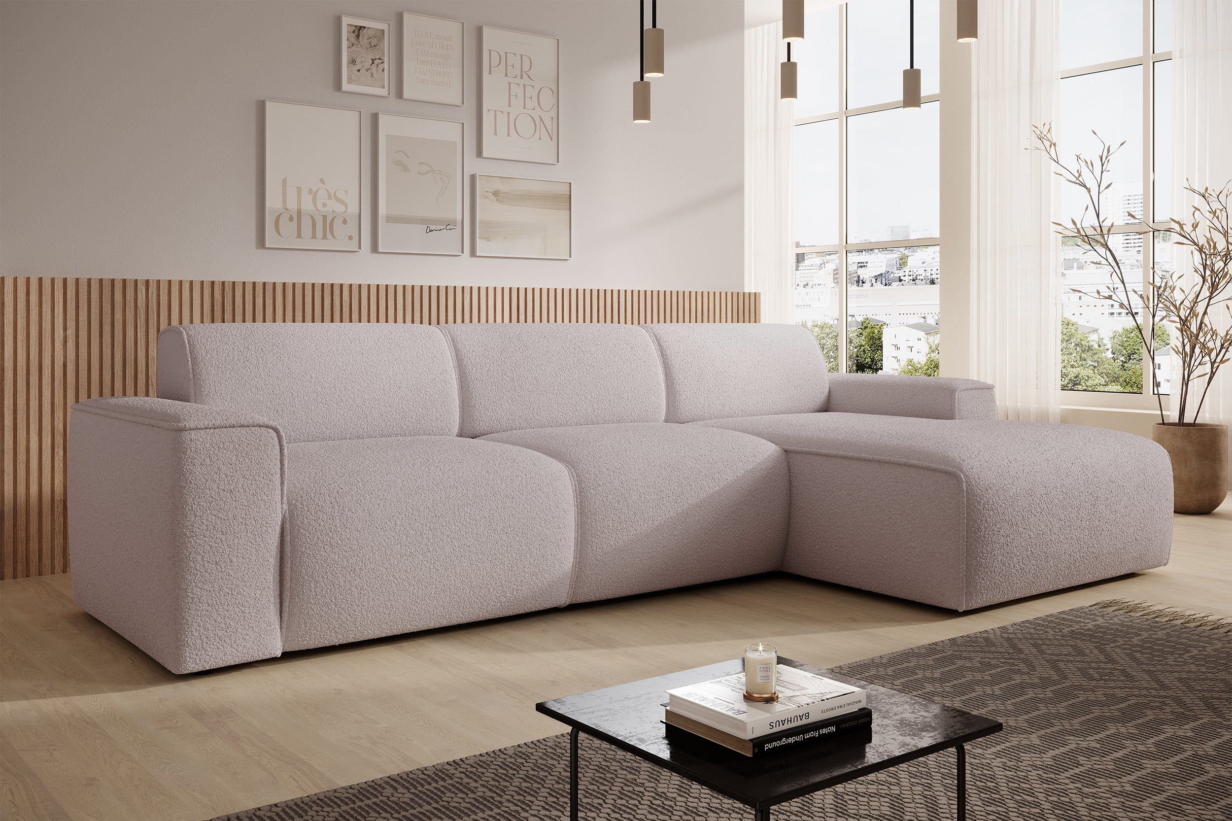 Ecksofa Bouvi L-förmig, rechtsseitig, beige Bouclé