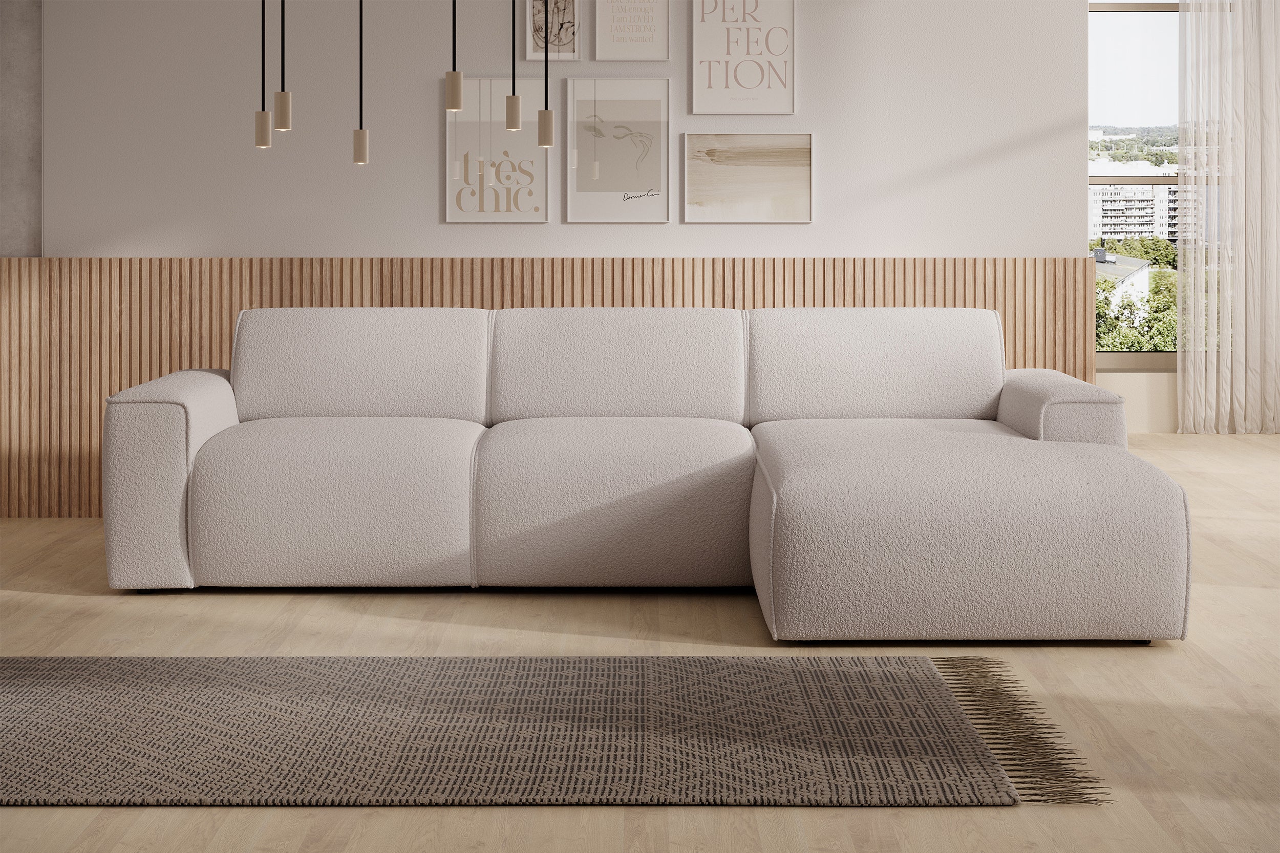 Ecksofa Bouvi, L-Form, rechtsseitig, hellbeige Bouclé