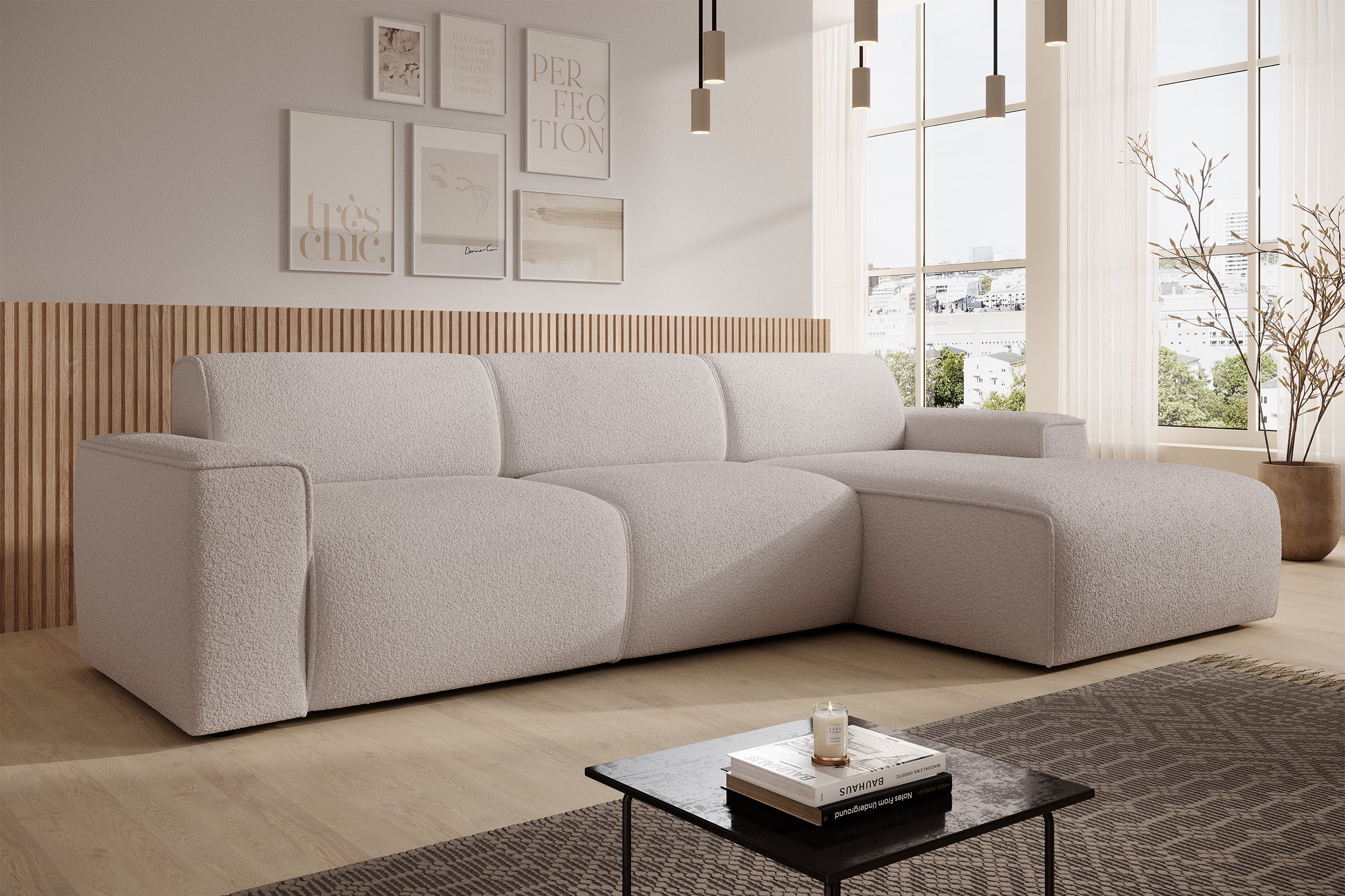 Ecksofa Bouvi, L-Form, rechtsseitig, hellbeige Bouclé