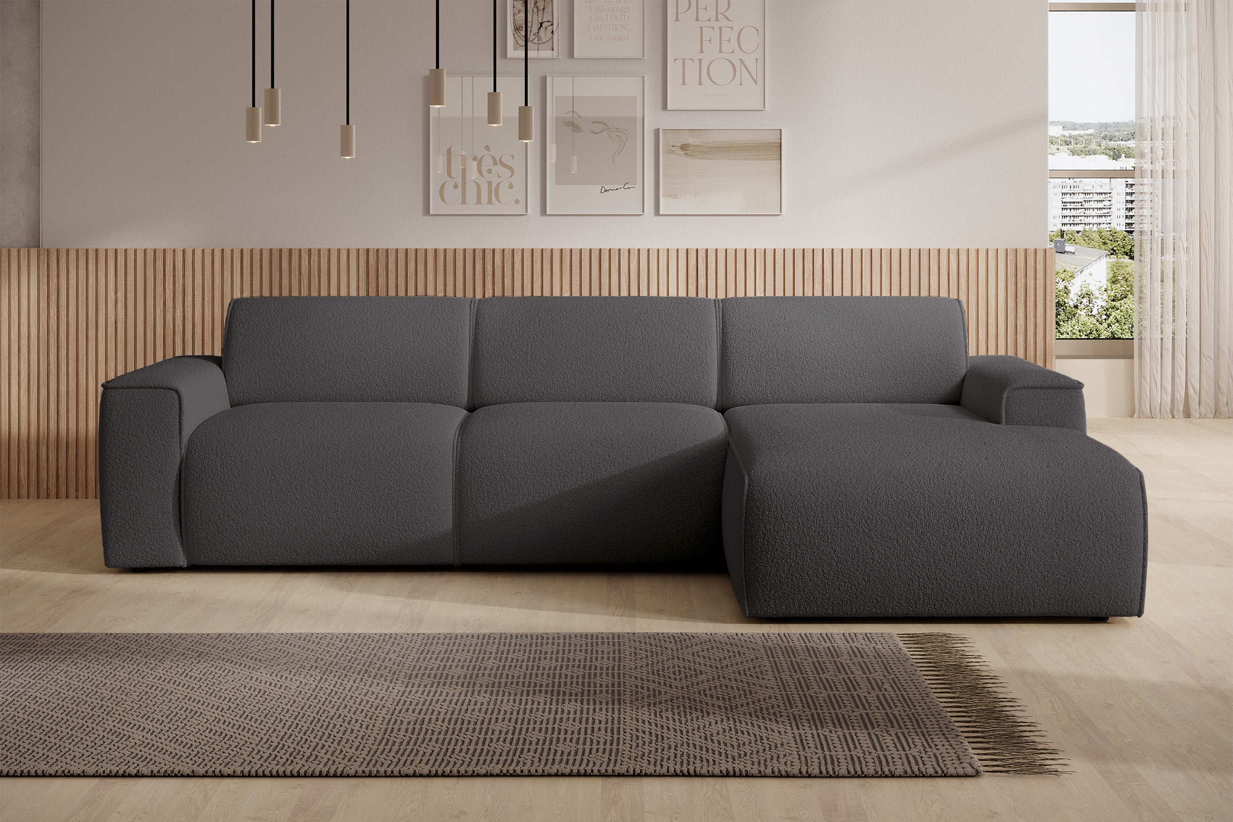Ecksofa Bouvi L-förmig, rechtsseitig, dunkelgrauer Bouclé-Stoff