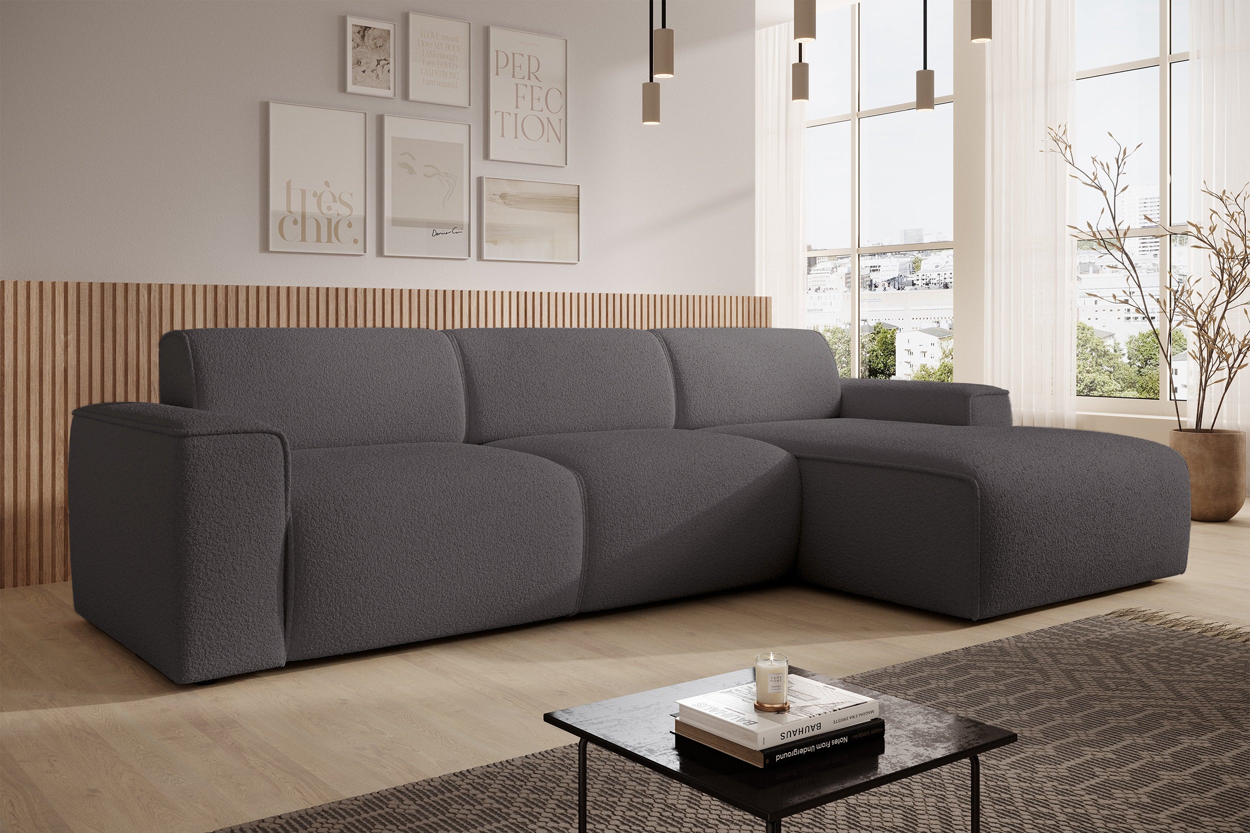 Ecksofa Bouvi L-förmig, rechtsseitig, dunkelgrauer Bouclé-Stoff