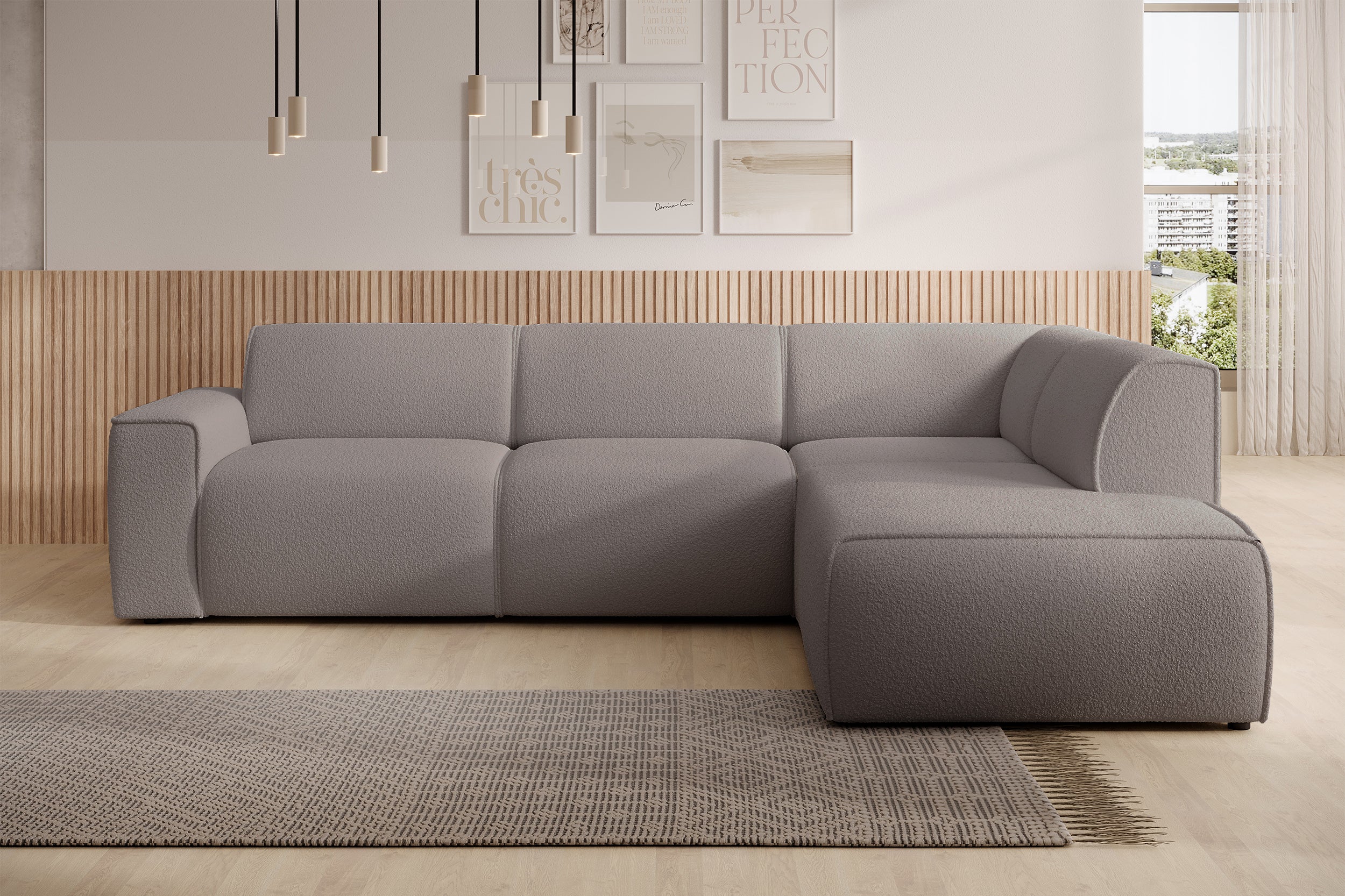 Ecksofa Bouvi L-förmig mit rechter Armlehne, grau-braunes Bouclé