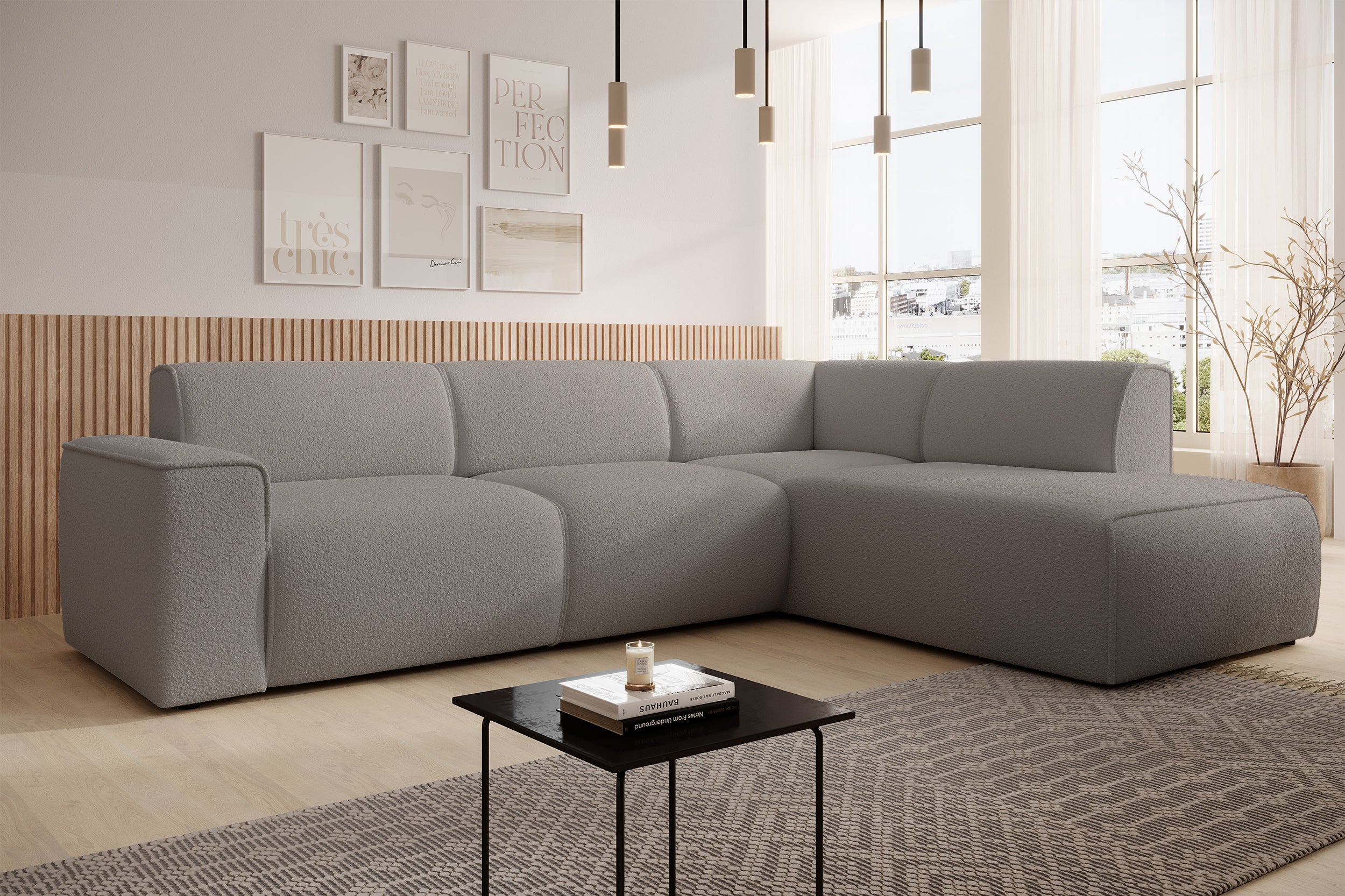 Ecksofa Bouvi L-förmig mit rechter Armlehne, grau-braunes Bouclé