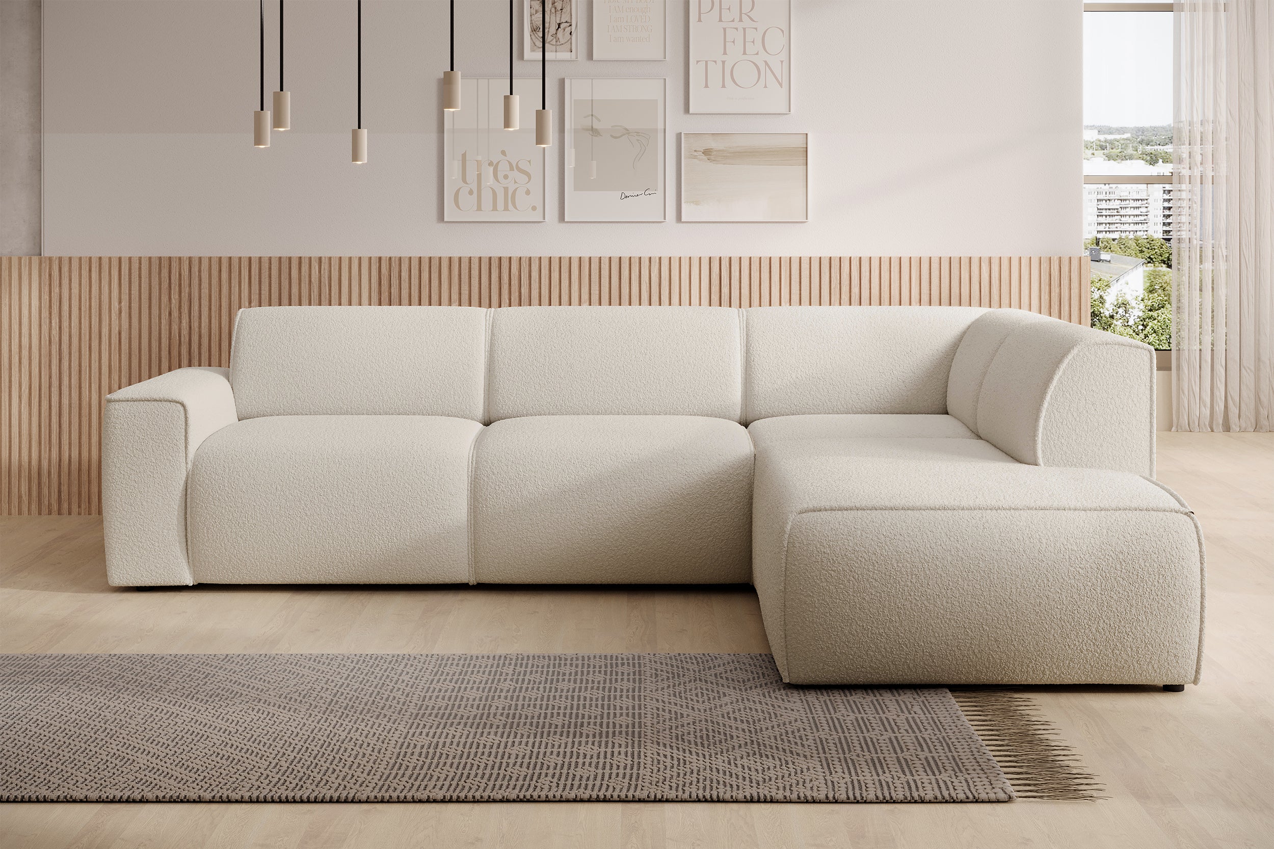Ecksofa Bouvi L-förmig mit rechter Armlehne, cremefarbenes Bouclé