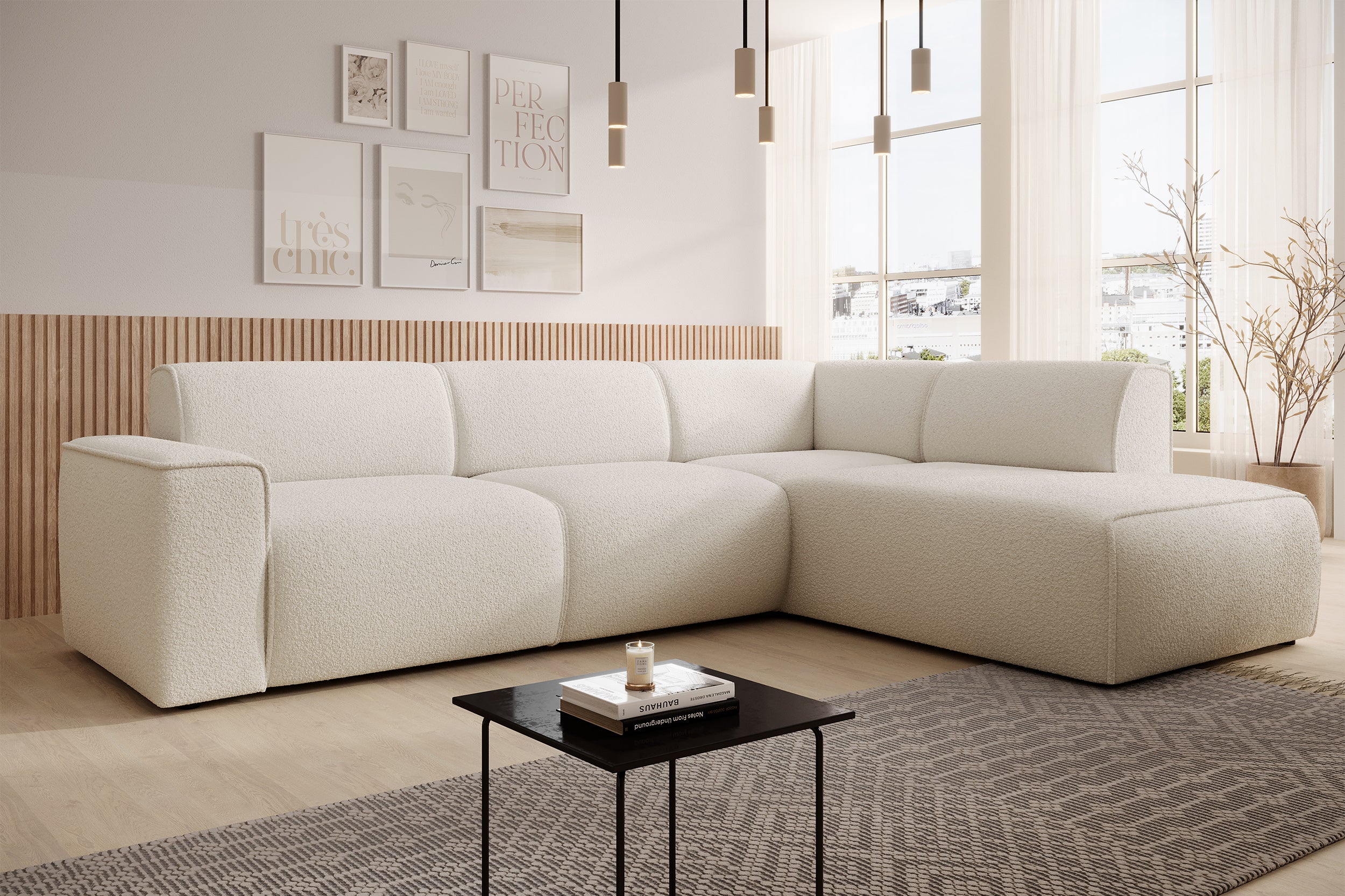 Ecksofa Bouvi L-förmig mit rechter Armlehne, cremefarbenes Bouclé